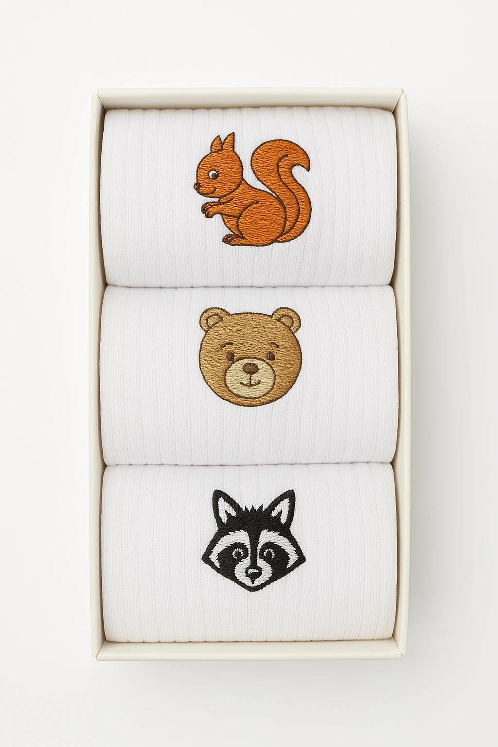 3'lü Hayvan Figürlü Nakışlı Beyaz Çorap