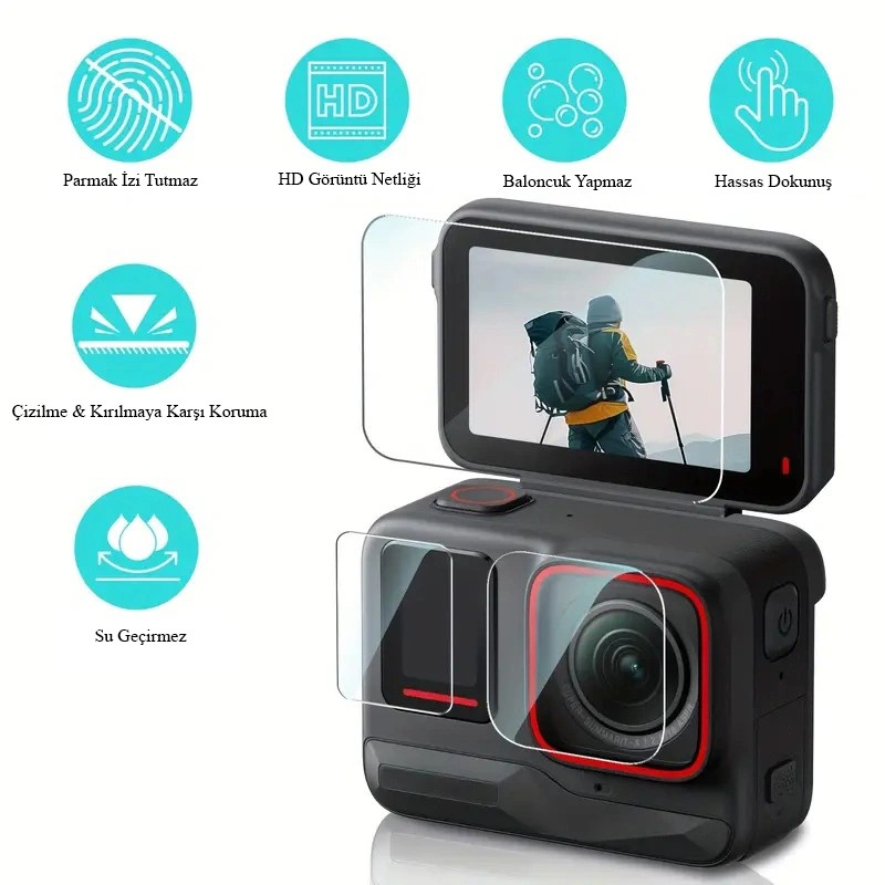 Teknoroket Insta360 Ace Pro 2 Uyumlu 9H Temperli Cam Ekran ve Lens Koruyucu (3 Parça Set)