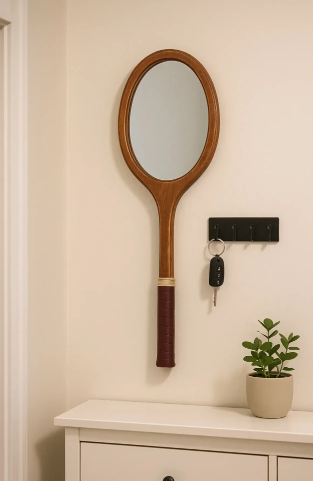 Ahşap Duvar Aynası Vintage Tenis Raket