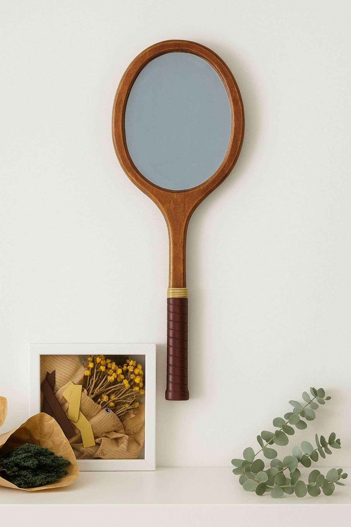 Ahşap Duvar Aynası Vintage Tenis Raket