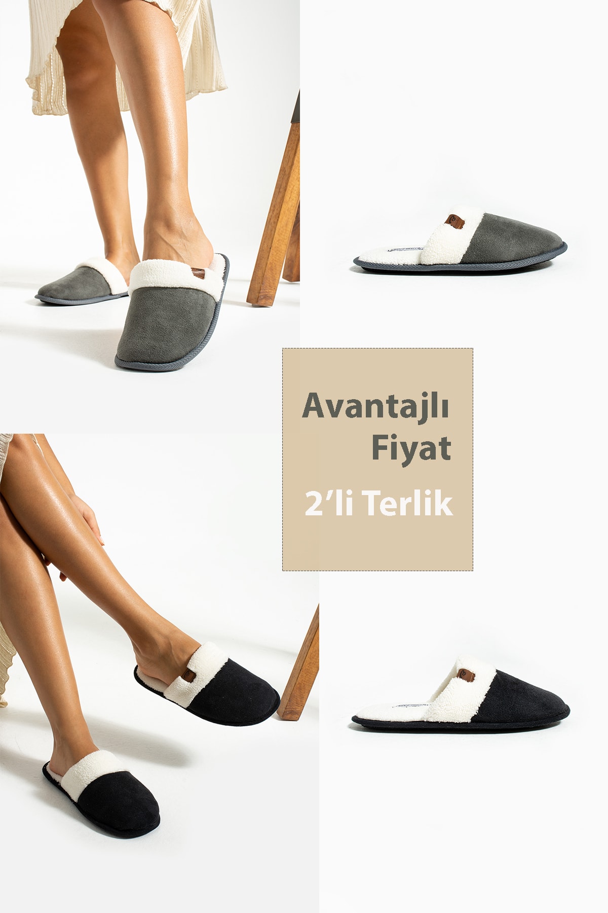 2li Avantajlı Satış Kadın Süet Siyah Gri Kışlık Rahat Ev Misafir Terliği