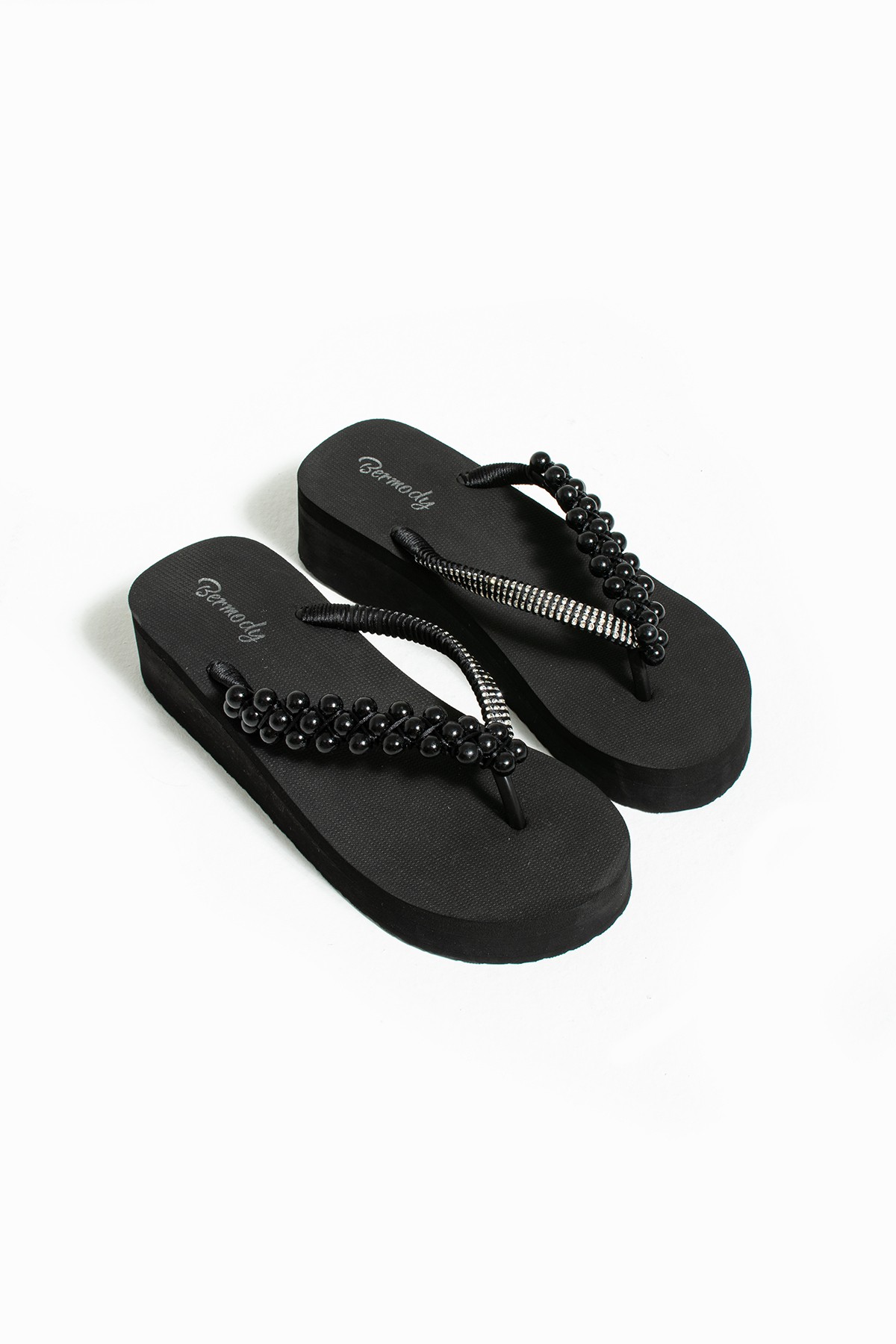 Sabrina Taşlı Platform Parmak Arası Acıtmaz Plaj Terlik Flip Flops - boncuklu siyah