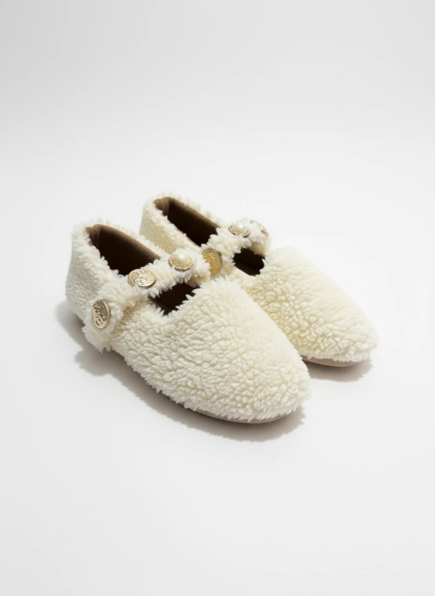 Else Kadın Babet Ayakkabı Altın Tokalı Şık Hafif Ortopedik Ses Yapmaz Taban - bej