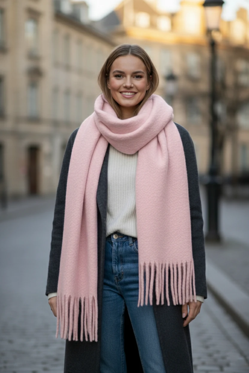 2li Set Puffy Yumuşak Dokulu Kadın Atkı Şal Omuz Şalı 50x190 cm - krem pembe