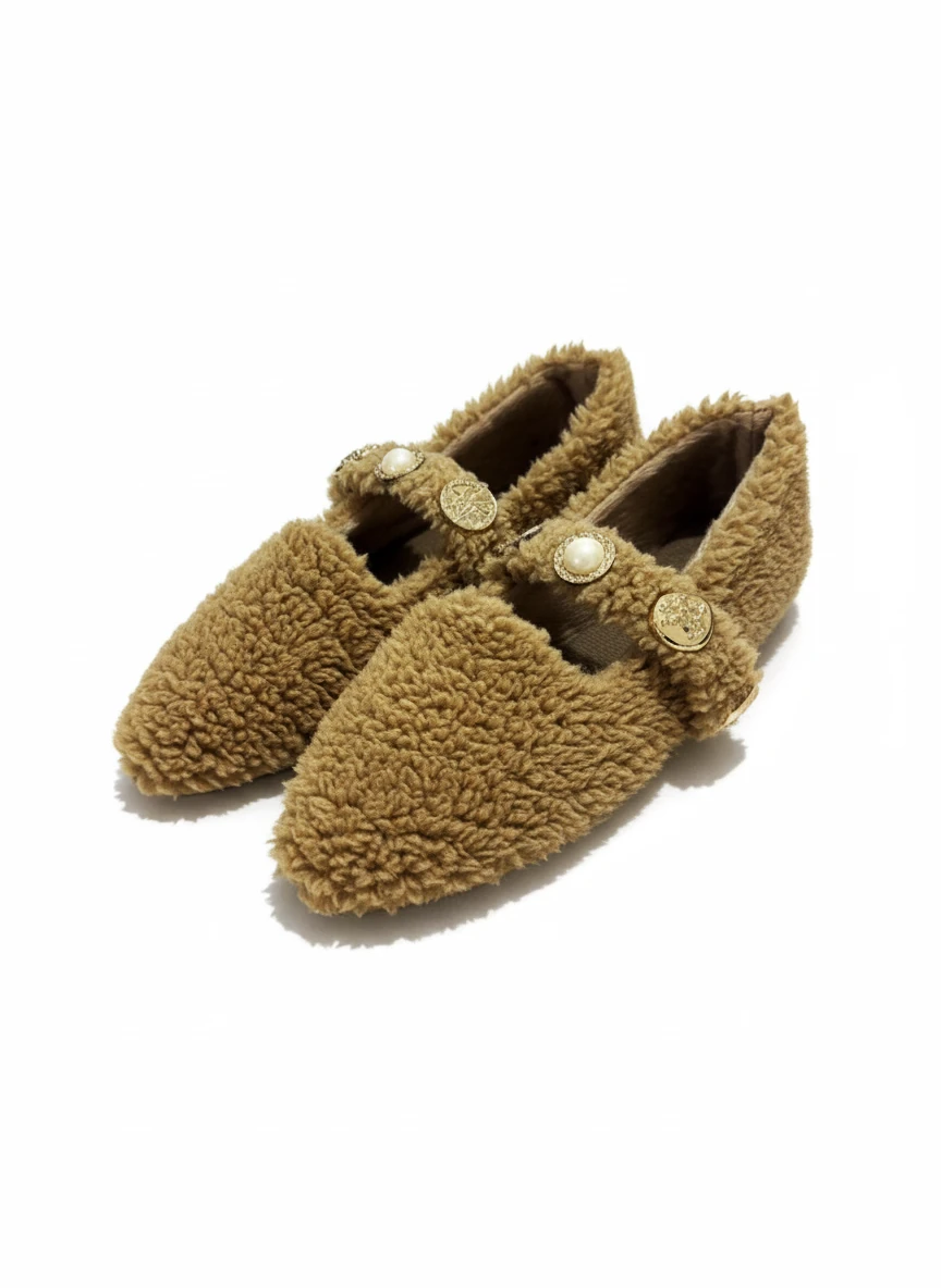 Else Kadın Babet Ayakkabı Altın Tokalı Şık Hafif Ortopedik Ses Yapmaz Taban - kahverengi