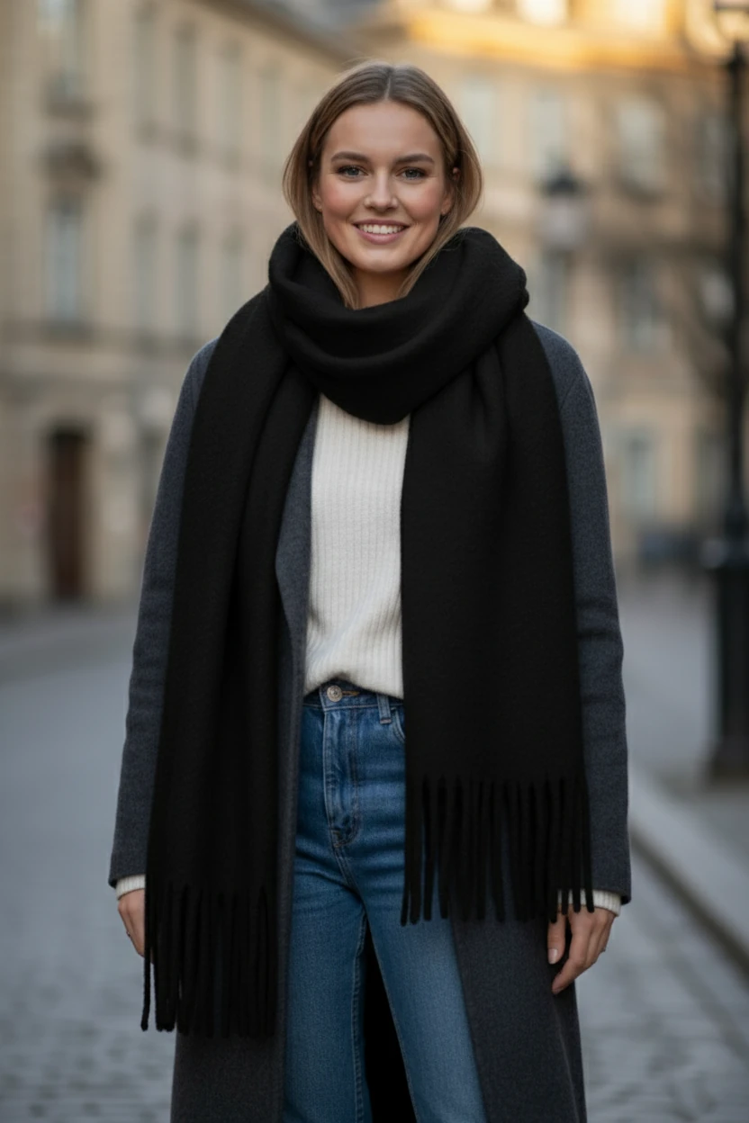 2li Set Puffy Yumuşak Dokulu Kadın Atkı Şal Omuz Şalı 50x190 cm - siyah kahve