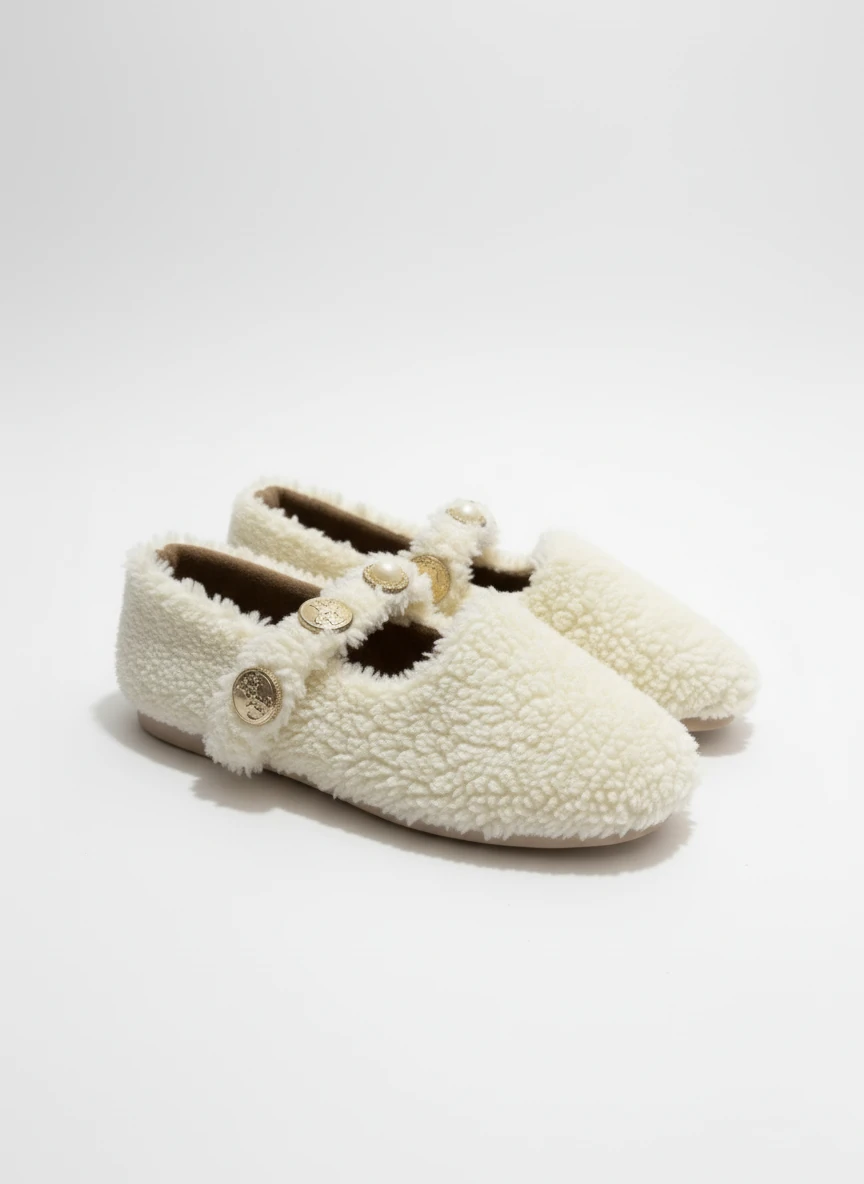 Else Kadın Babet Ayakkabı Altın Tokalı Şık Hafif Ortopedik Ses Yapmaz Taban - bej