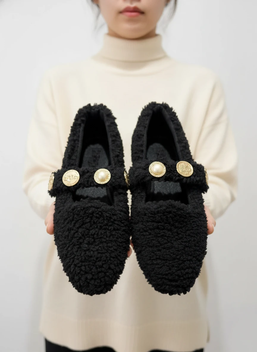 Else Kadın Babet Ayakkabı Altın Tokalı Şık Hafif Ortopedik Ses Yapmaz Taban - siyah