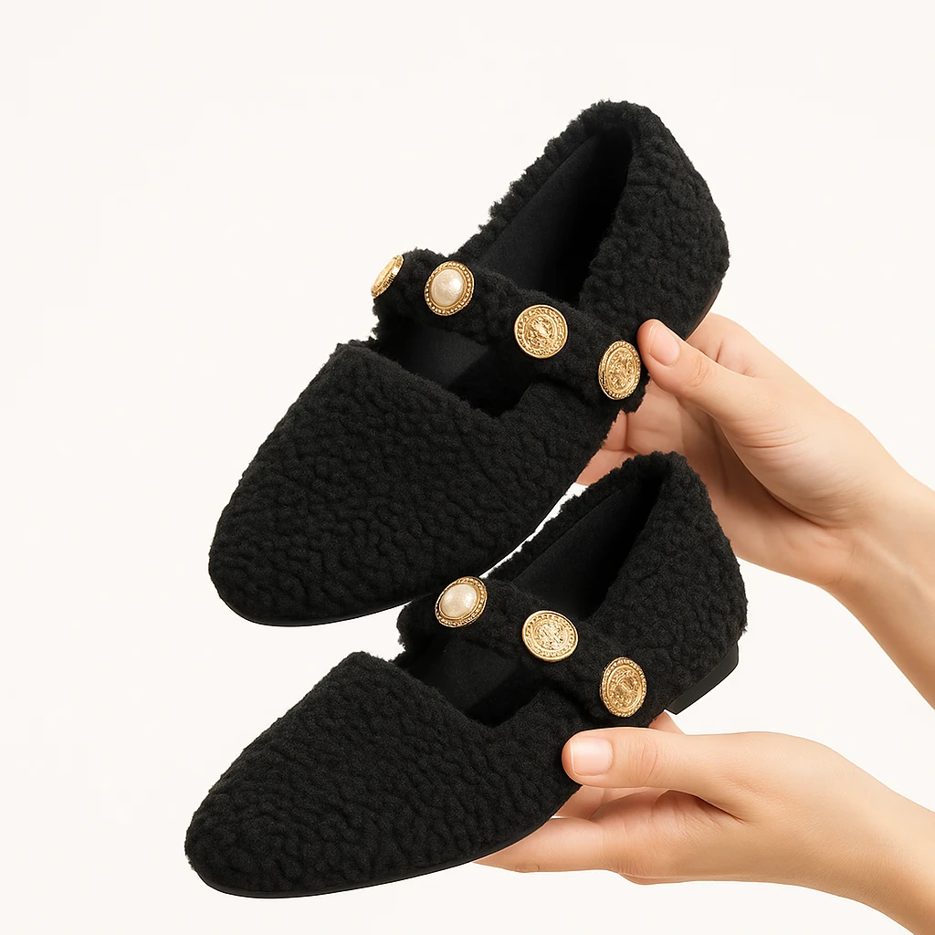 Else Kadın Babet Ayakkabı Altın Tokalı Şık Hafif Ortopedik Ses Yapmaz Taban - siyah