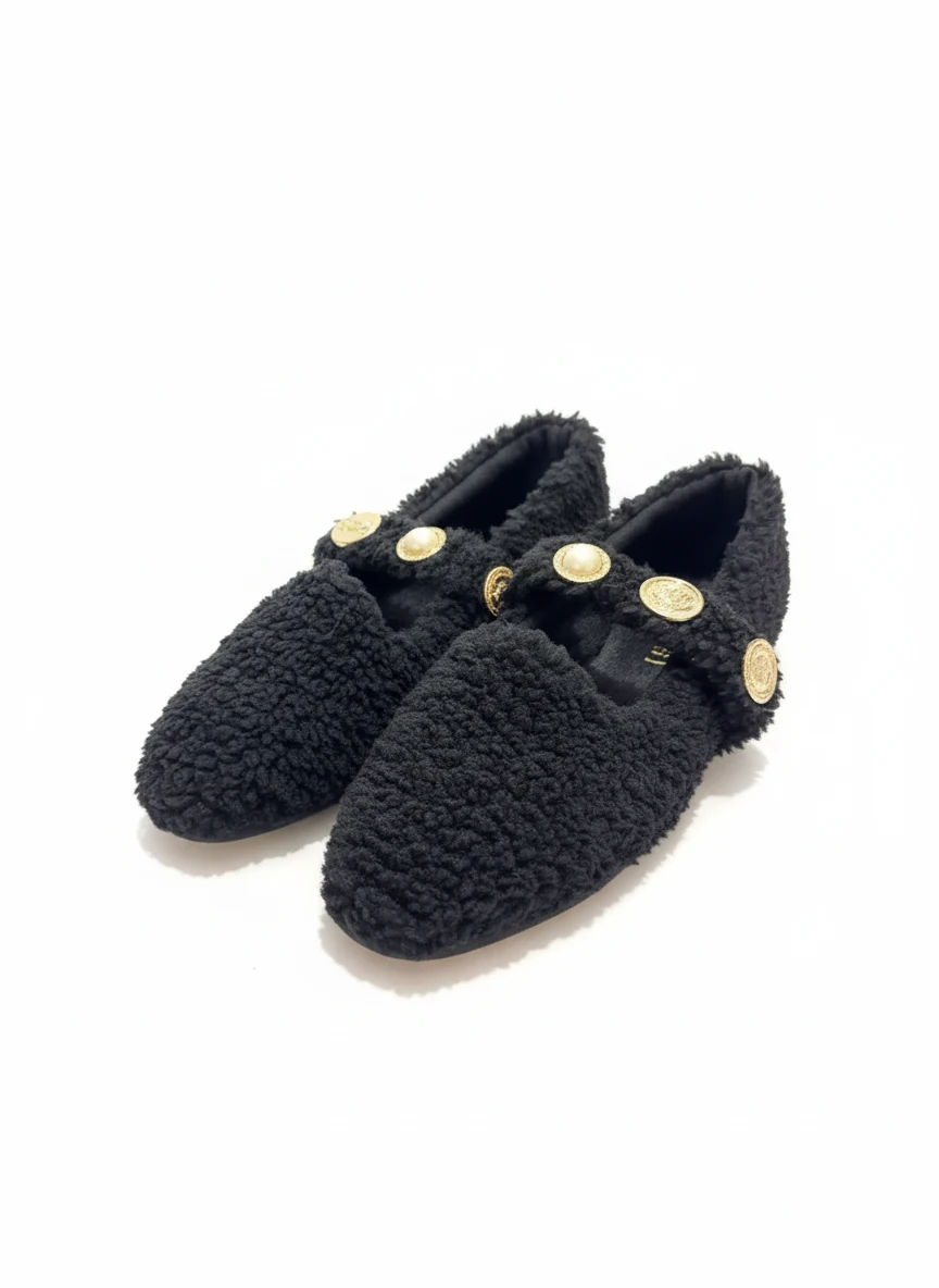 Else Kadın Babet Ayakkabı Altın Tokalı Şık Hafif Ortopedik Ses Yapmaz Taban - füme