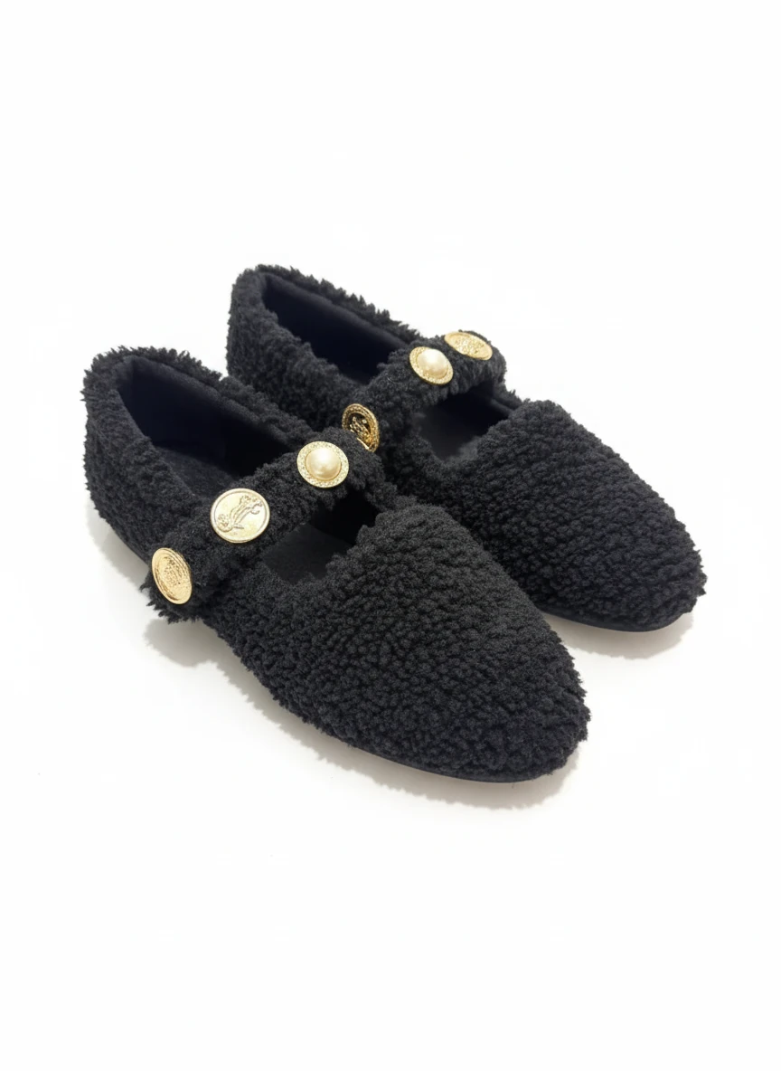 Else Kadın Babet Ayakkabı Altın Tokalı Şık Hafif Ortopedik Ses Yapmaz Taban - füme