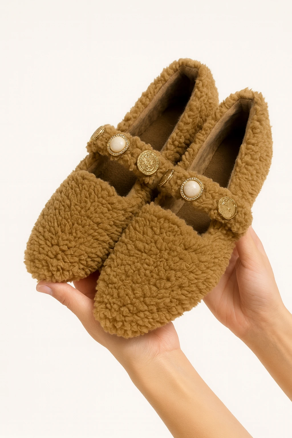 Else Kadın Babet Ayakkabı Altın Tokalı Şık Hafif Ortopedik Ses Yapmaz Taban - kahverengi