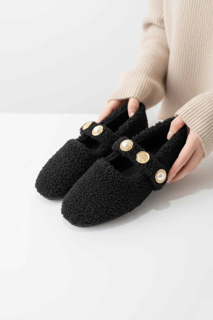 Else Kadın Babet Ayakkabı Altın Tokalı Şık Hafif Ortopedik Ses Yapmaz Taban - siyah