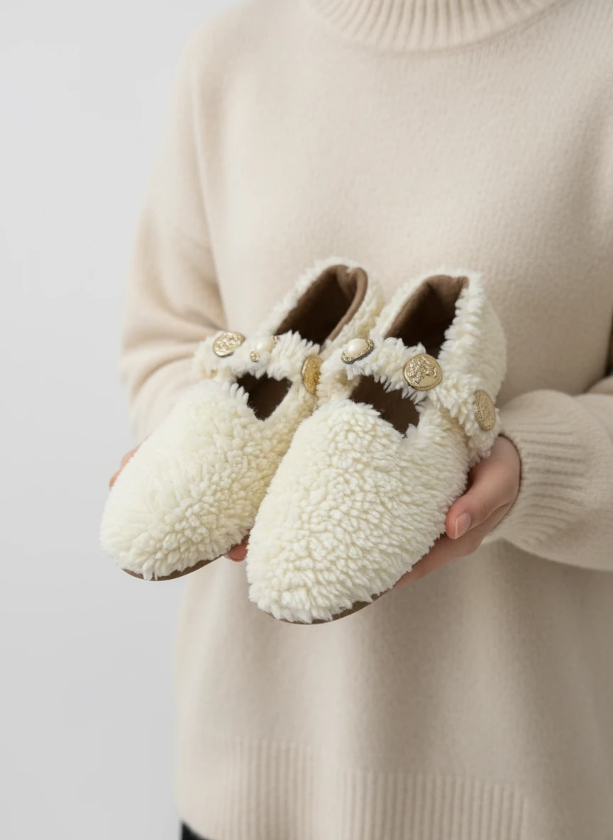 Else Kadın Babet Ayakkabı Altın Tokalı Şık Hafif Ortopedik Ses Yapmaz Taban - bej