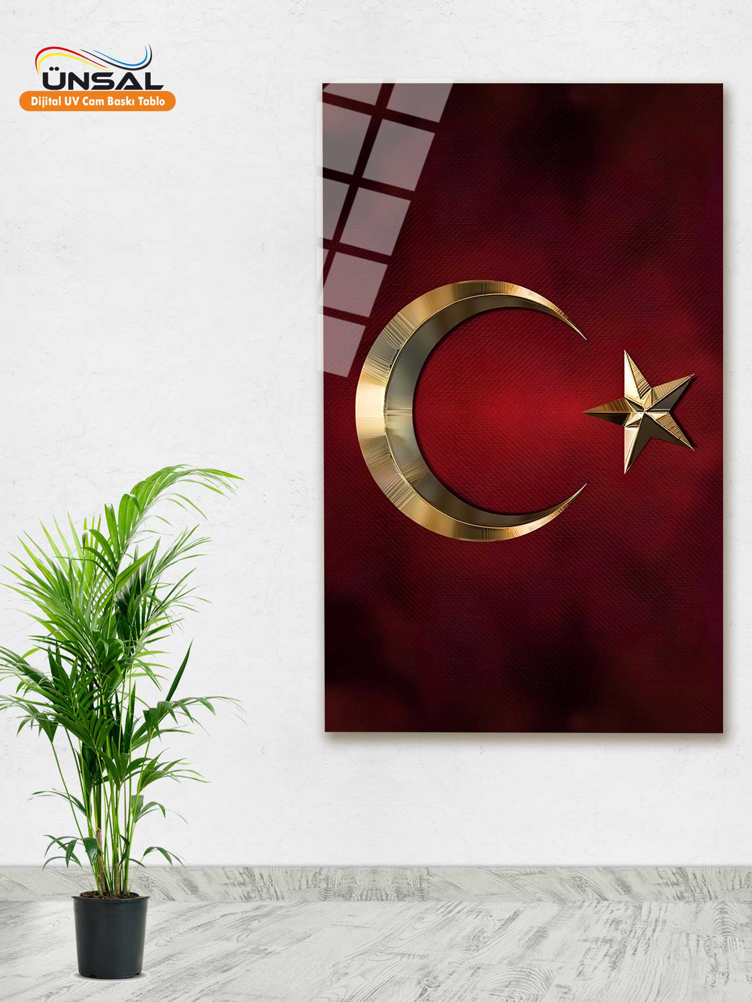 Ay Yıldız Bayrak – Altın Kırmızı Cam Tablo