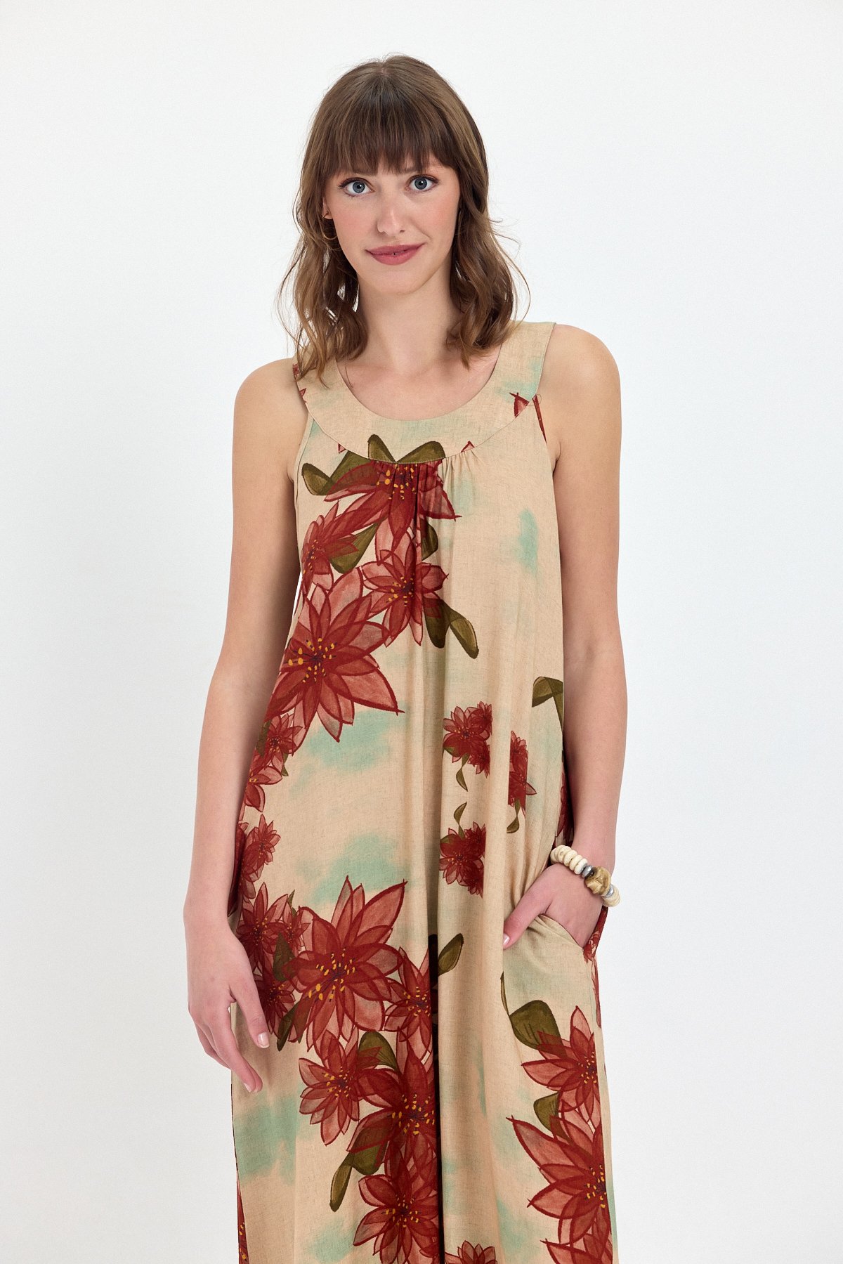 Halter yaka sırtı fiyonklu maxi elbise lilium desen