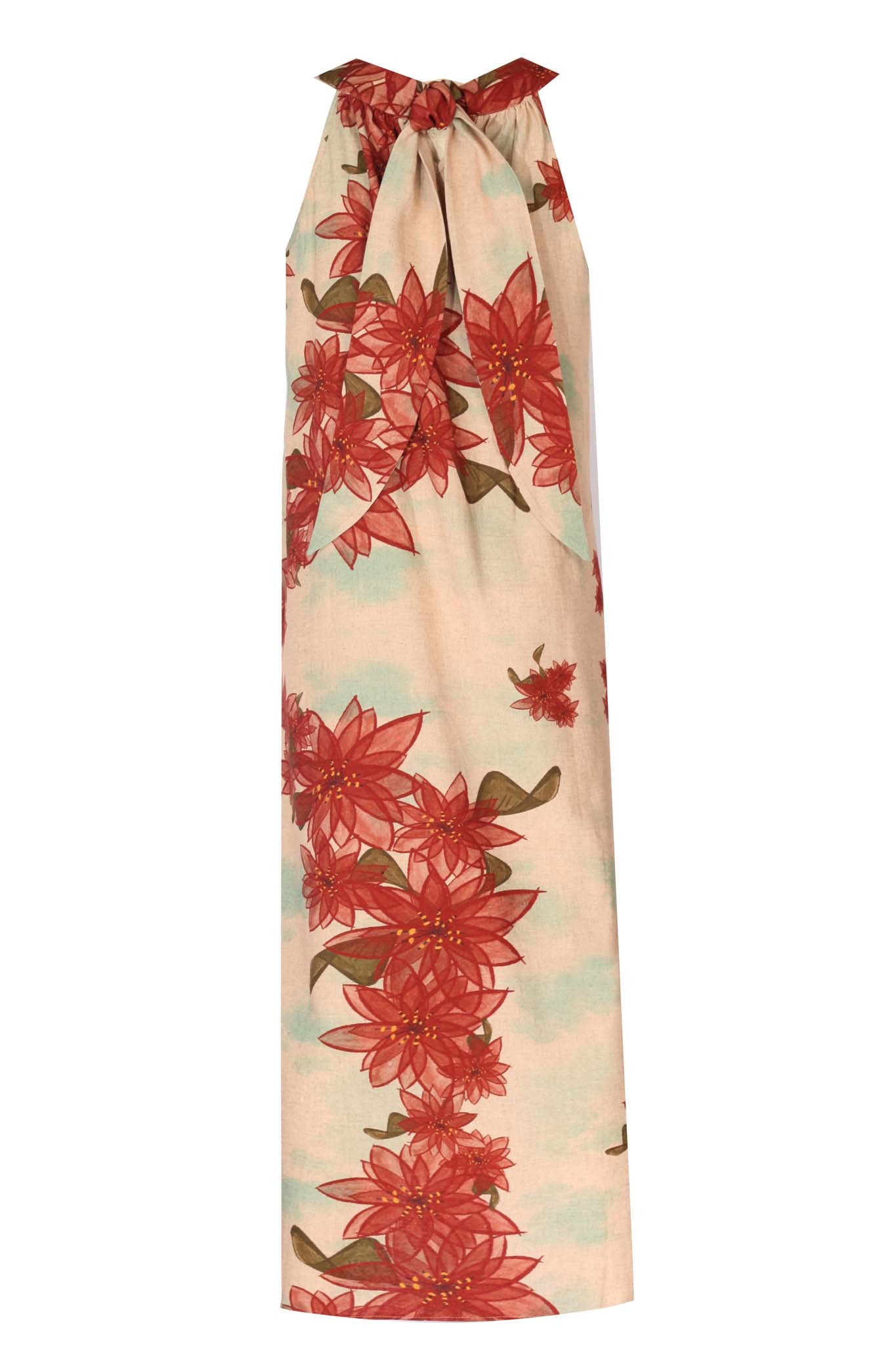 Halter yaka sırtı fiyonklu maxi elbise lilium desen