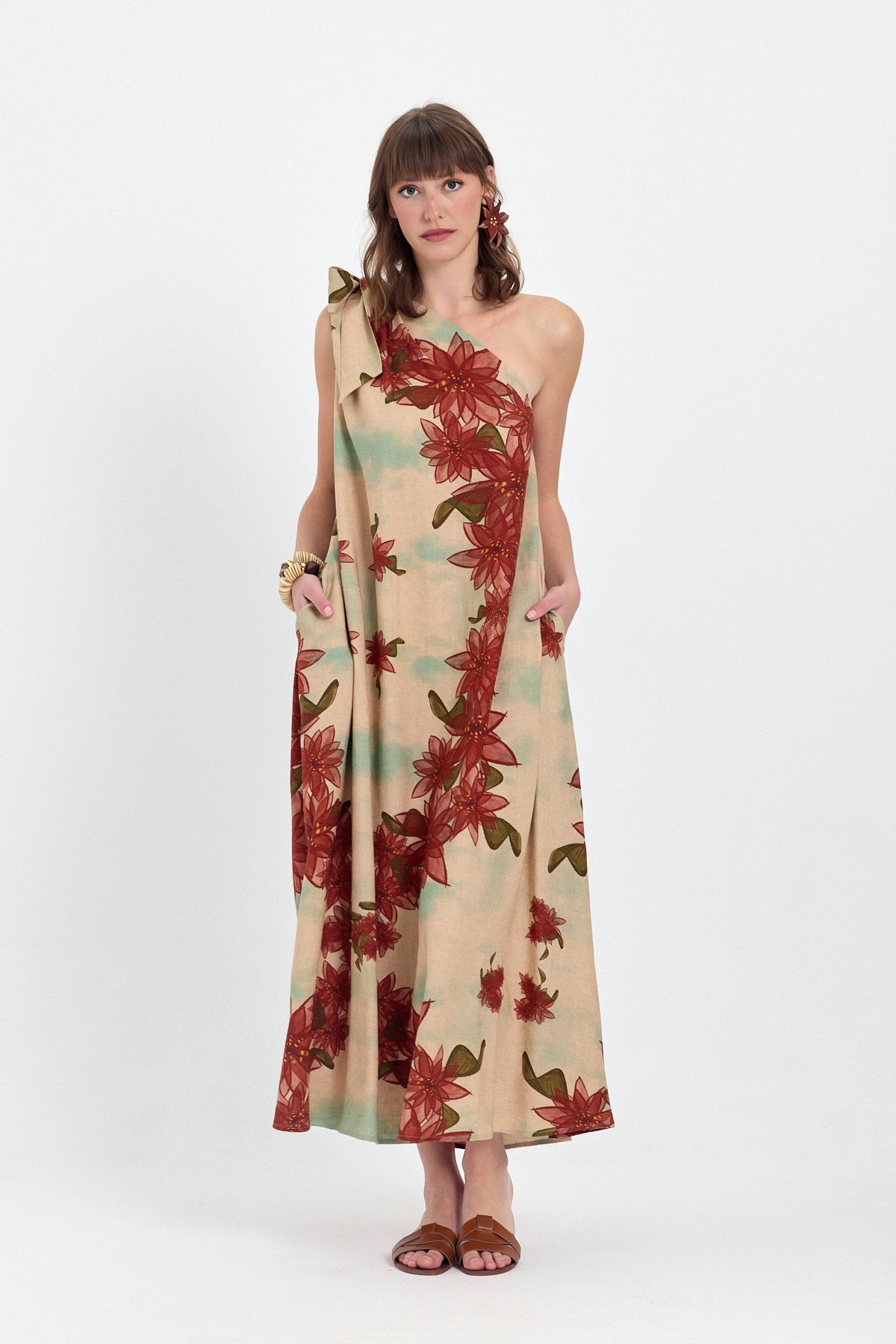 Tek omuz elbise lilium desen