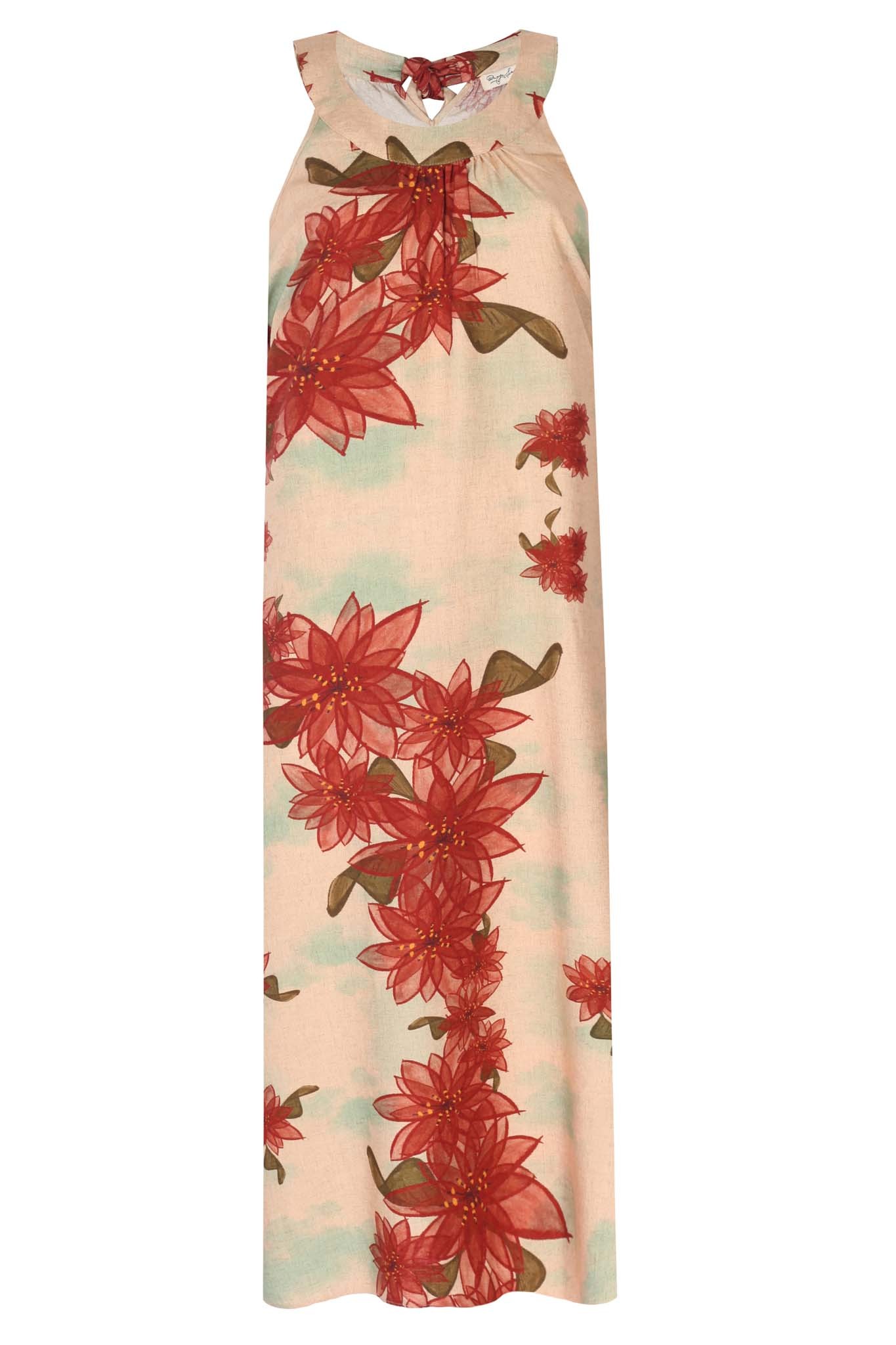Halter yaka sırtı fiyonklu maxi elbise lilium desen