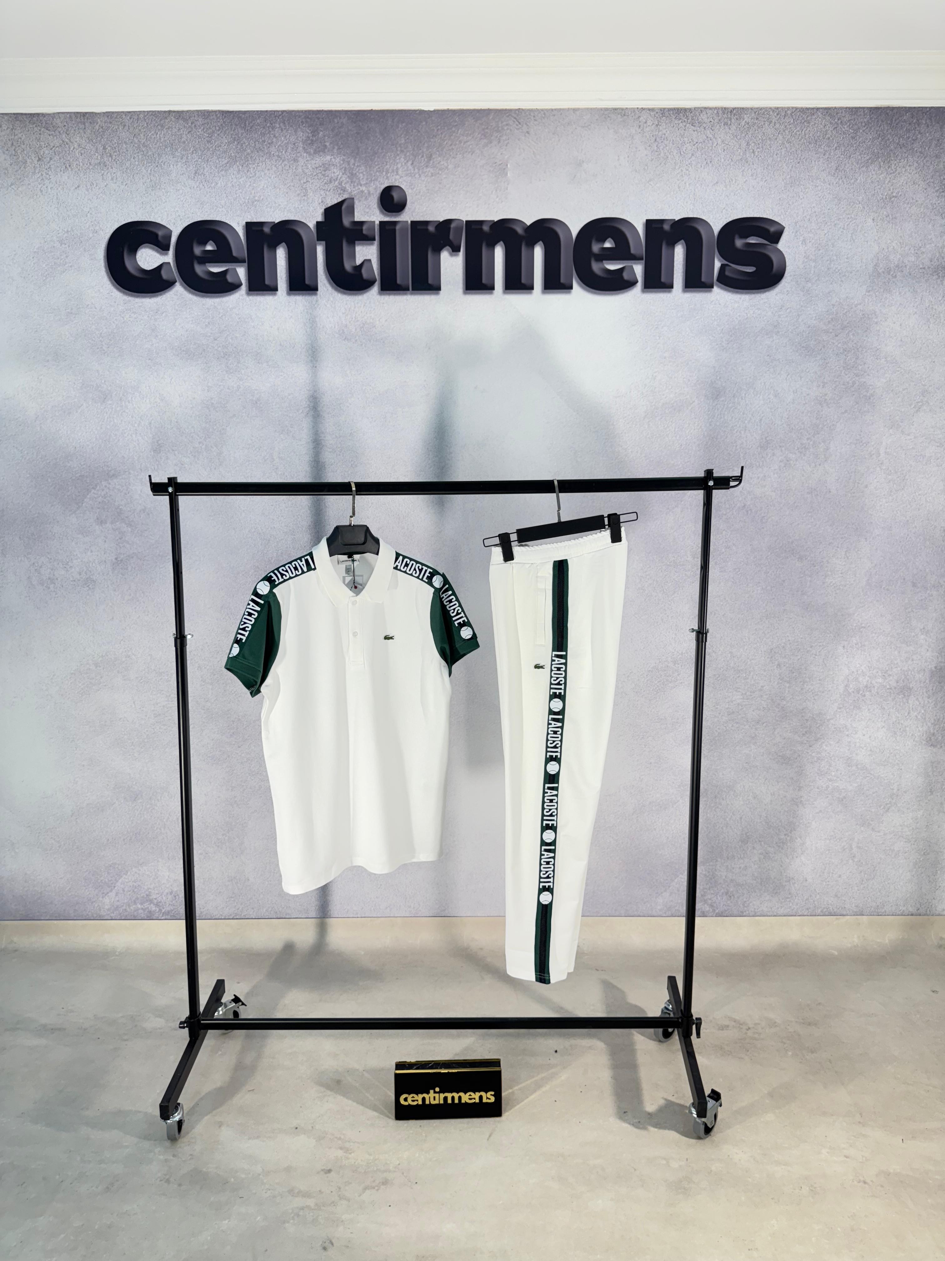 Lacoste Kolları Şeritli Beyaz Tişörtlü Takım