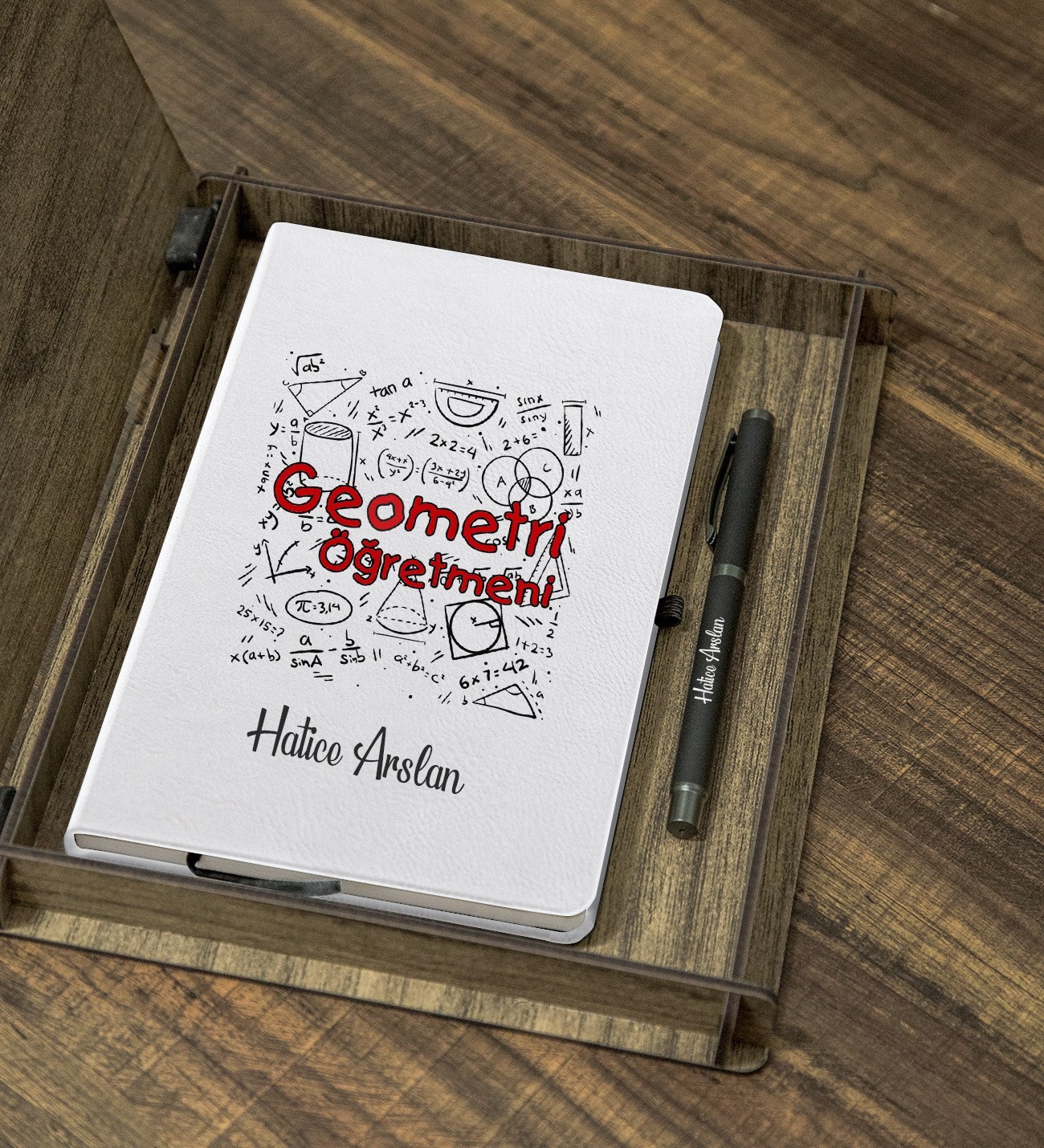 Kişiye Özel Geometri Öğretmeni Tasarımlı Ahşap Kutulu Ajanda Kalem Seti