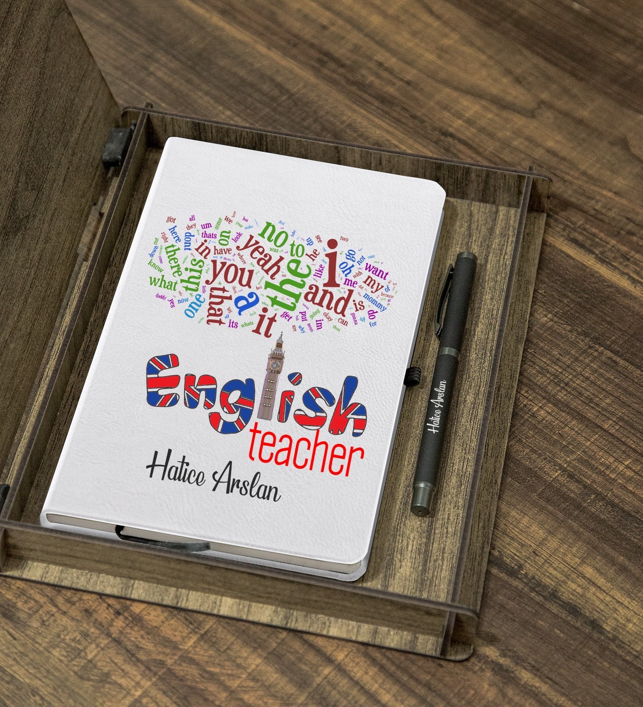 Kişiye Özel İngilizce Öğretmeni Tasarımlı Ahşap Kutulu Ajanda Kalem Seti