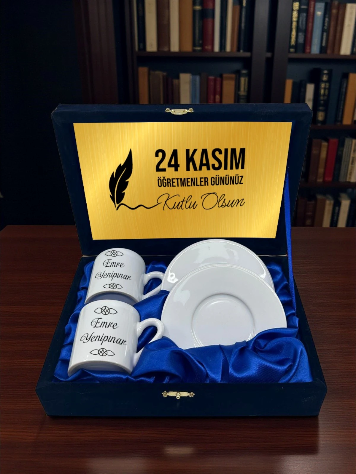 Öğretmenler Günü Hediyesi  Saten Kutulu Çiftli Türk Kahvesi Fincanı Seti – 24 Kasım Özel Tasarım