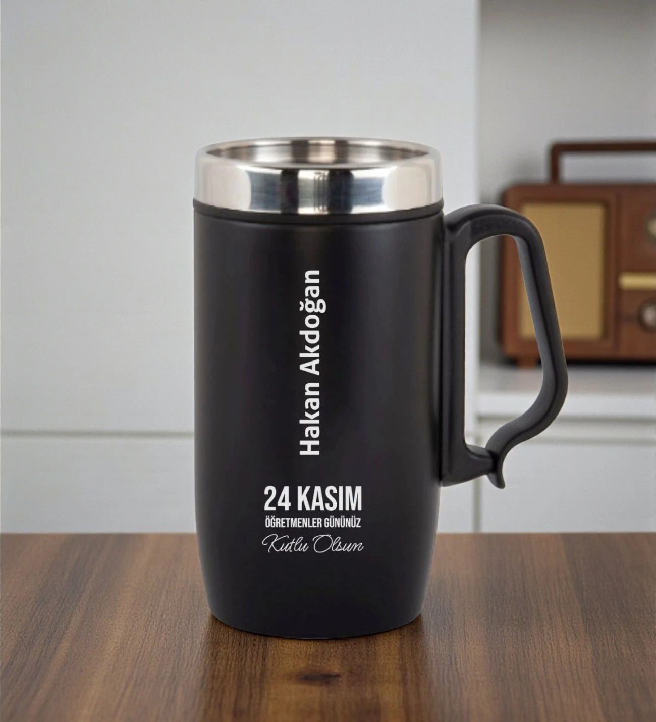 Öğretmenler Günü Hediyesi Kişiye Özel Harf Ve İsim Basklı Kulplu Çelik Siyah Termos Bardak 240 ml