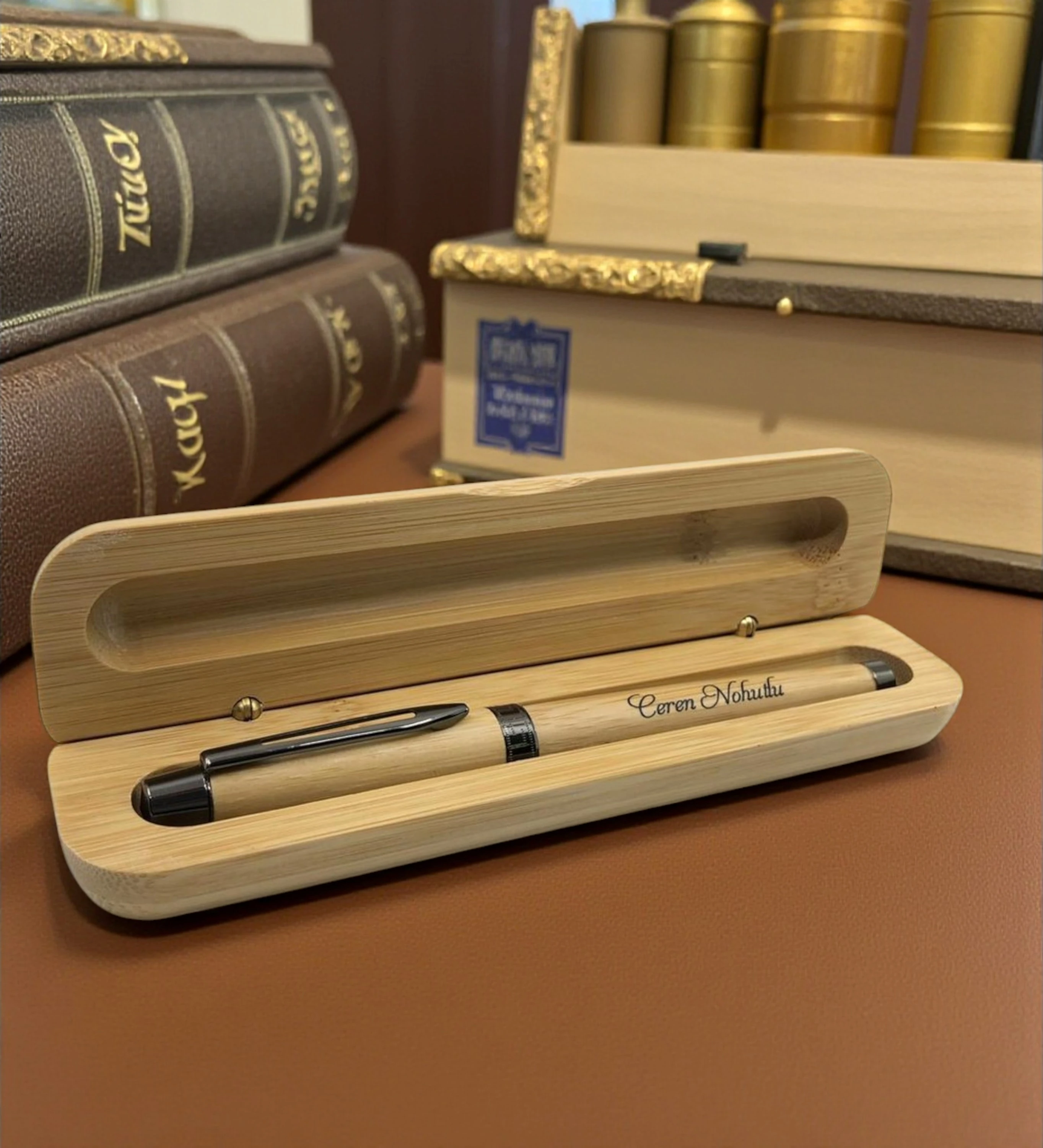 Kişiye Özel İsim Baskılı Ahşap Bambu Kalem Ve Bambu Kutu
