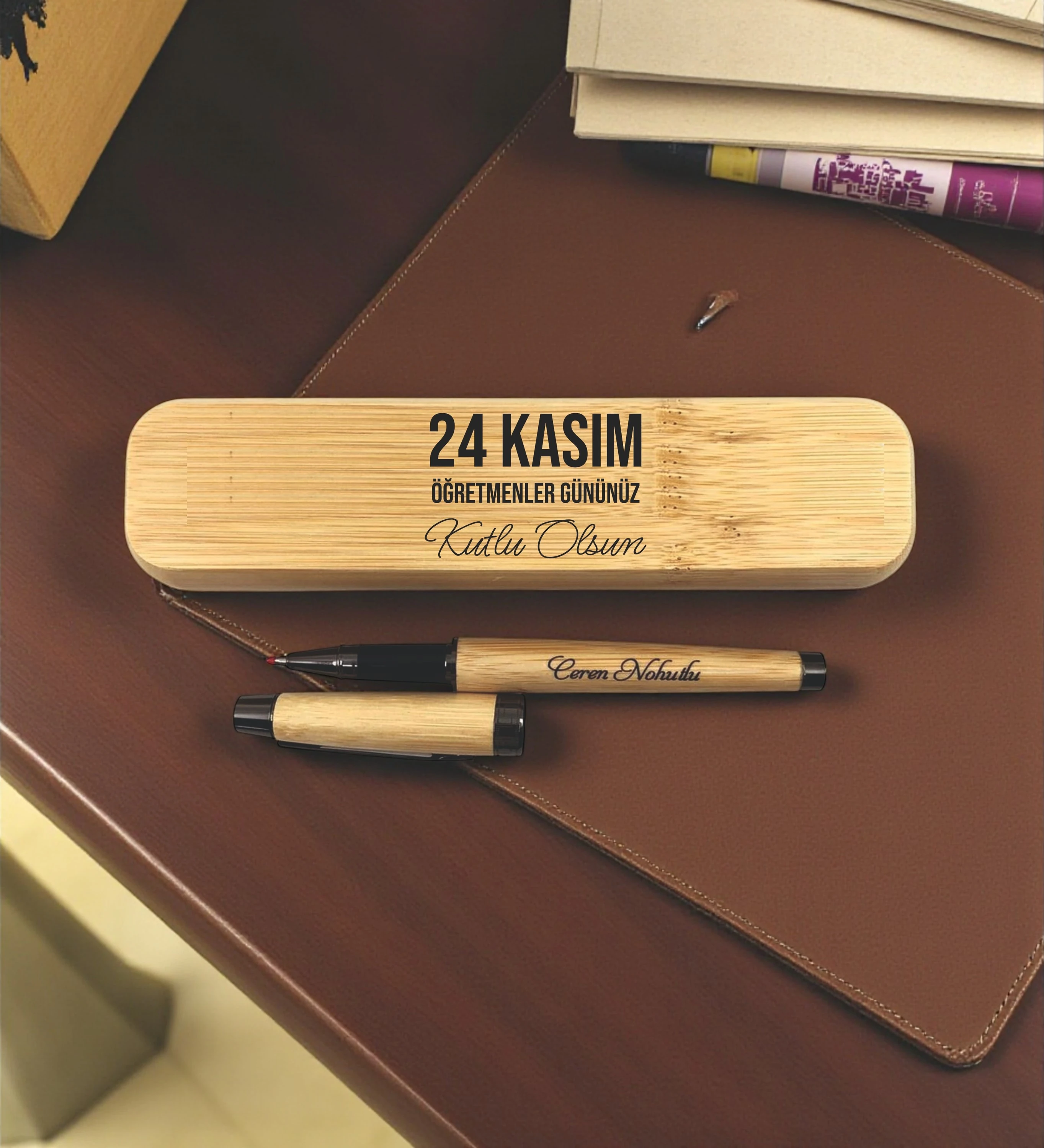 Kişiye Özel İsim Baskılı Ahşap Bambu Kalem Ve Bambu Kutu