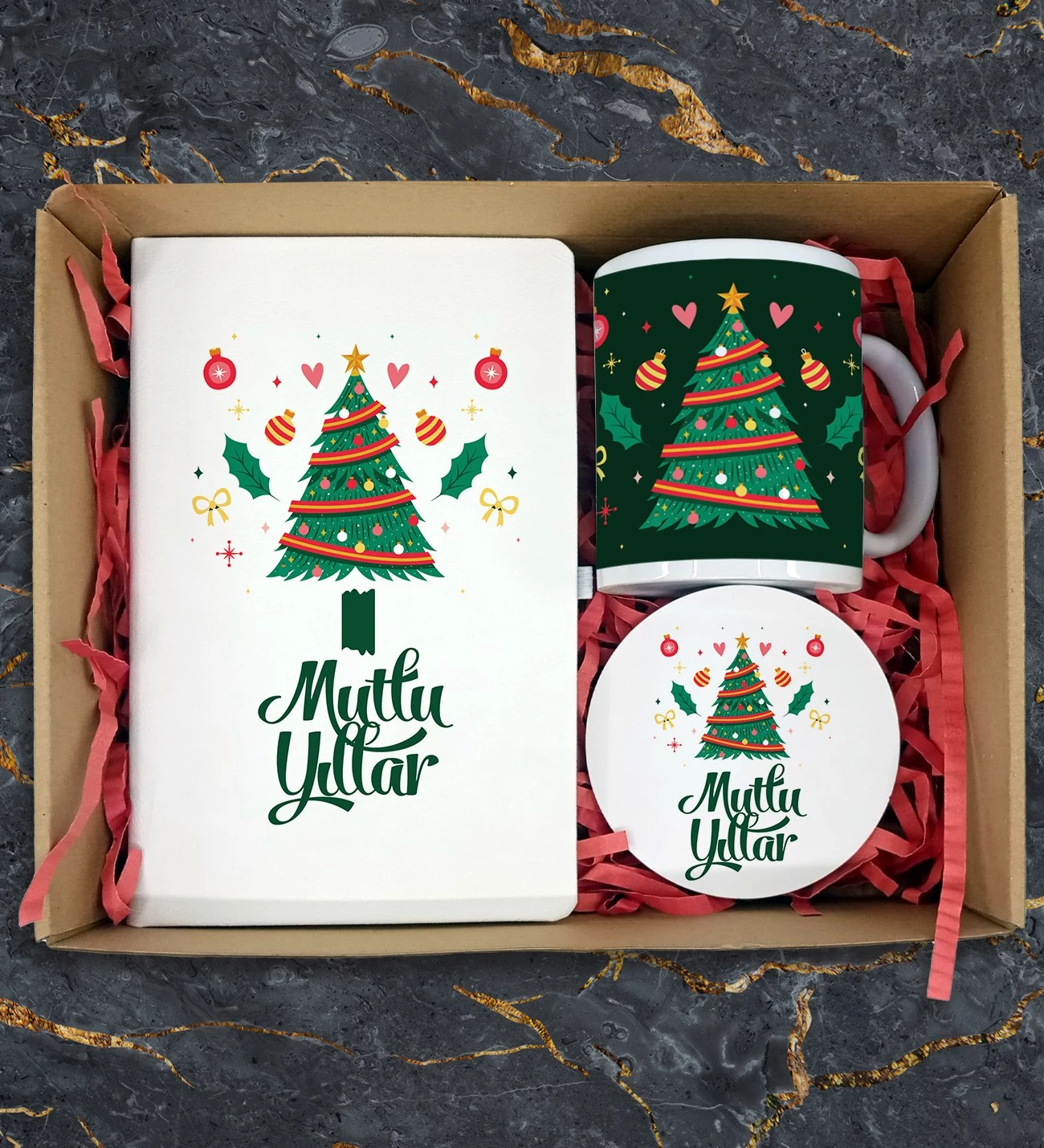 Yılbaşı Özel Tasarımlı Mutlu Yıllar Ajanda Kupa Bardak ve Bardak Altlığı