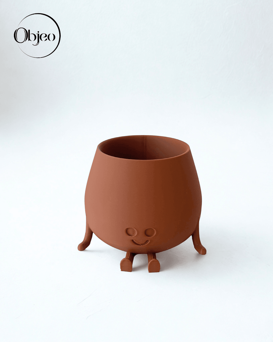 Mutlu Gülen Yüzlü Ayaklı Sevimli Objeo Mini Saksı – 3D Baskı Dekoratif Saksı  - Kahverengi