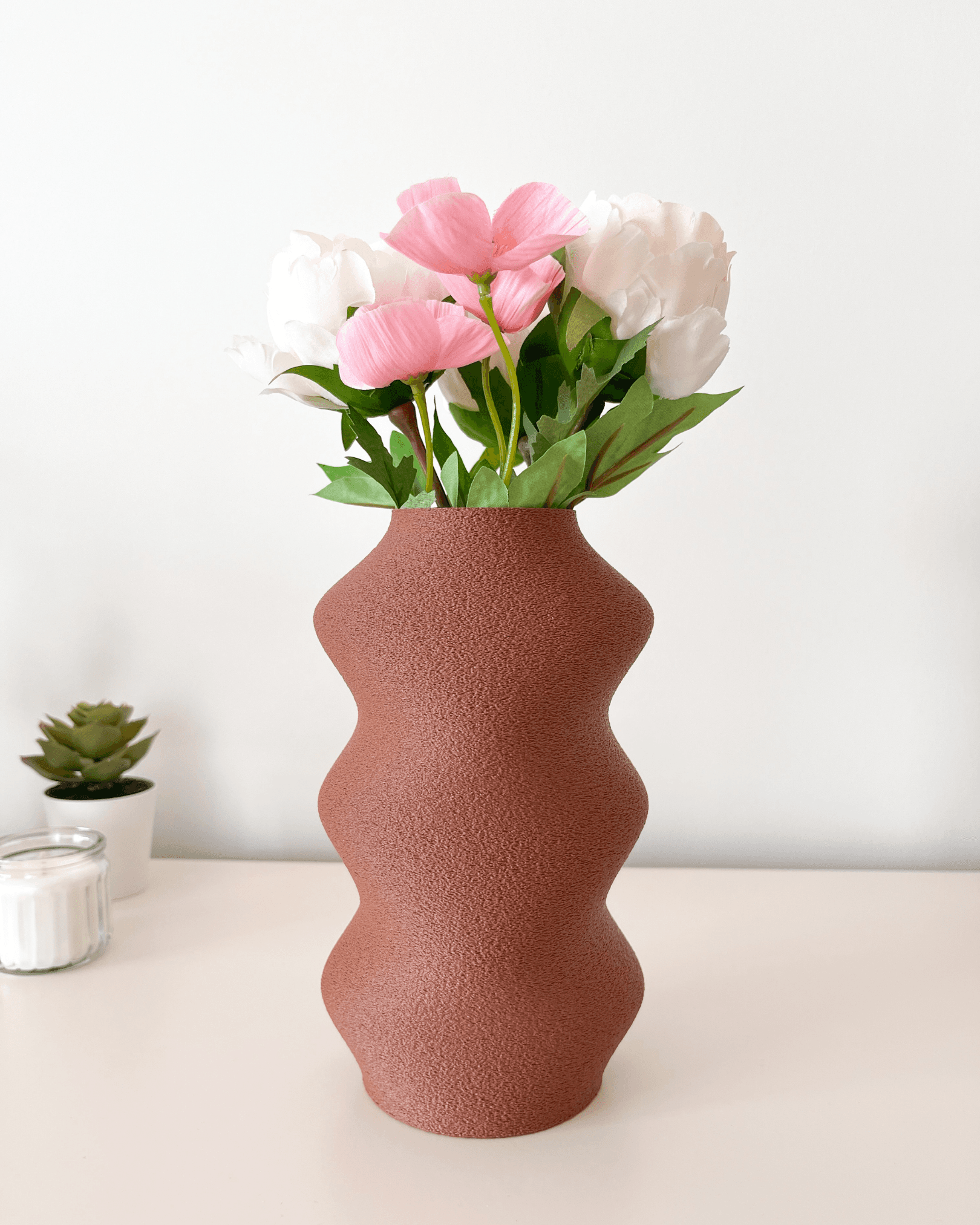 Ahşap Renk Modern Objeo Vazo-19 cm-Dokulu 3D Baskı Doğal Ahşap Görünümlü Kırılmaz Dekoratif Obje