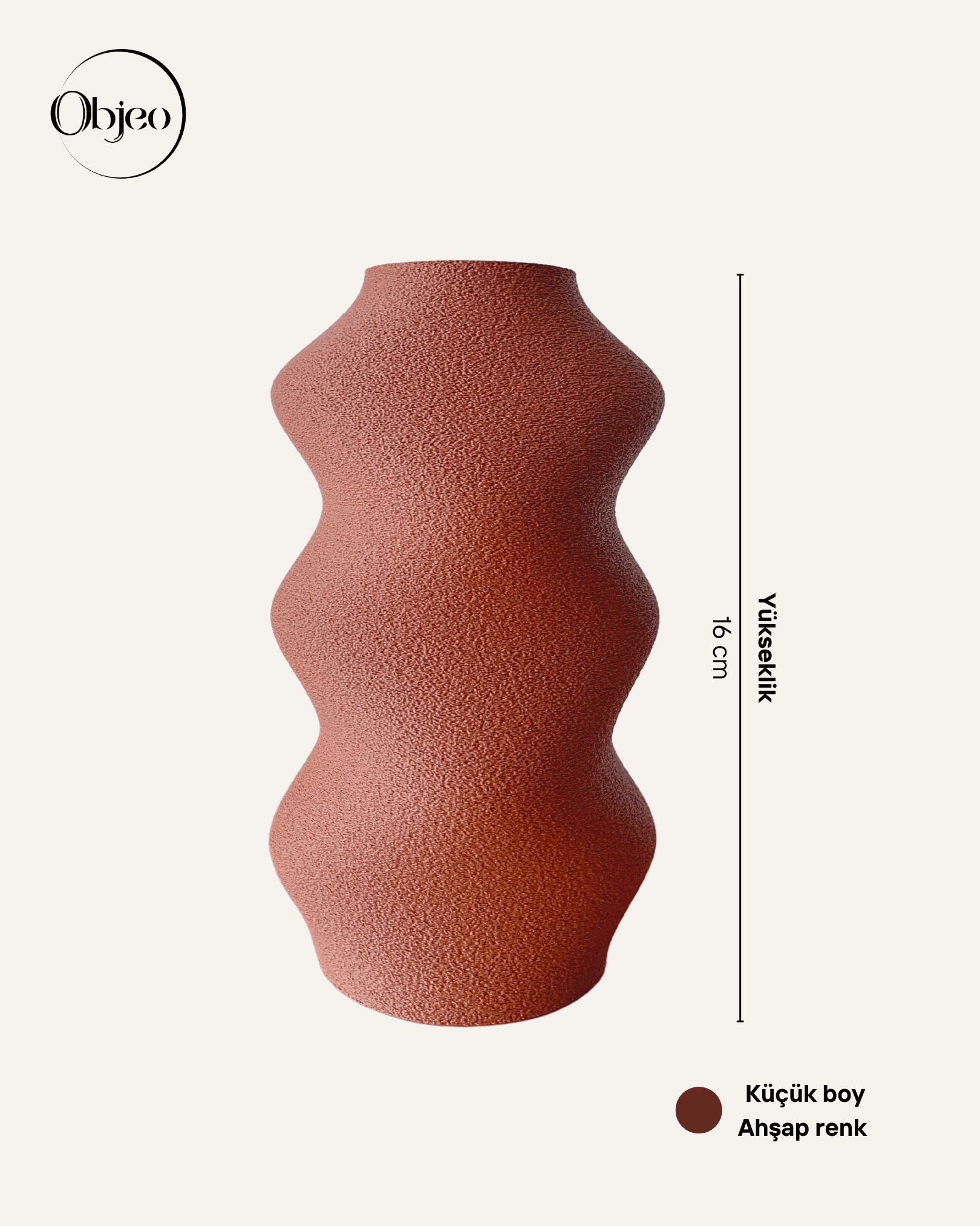 Ahşap Renk Modern Objeo Vazo-16 cm-Dokulu 3D Baskı Doğal Ahşap Görünümlü Kırılmaz Dekoratif Obje