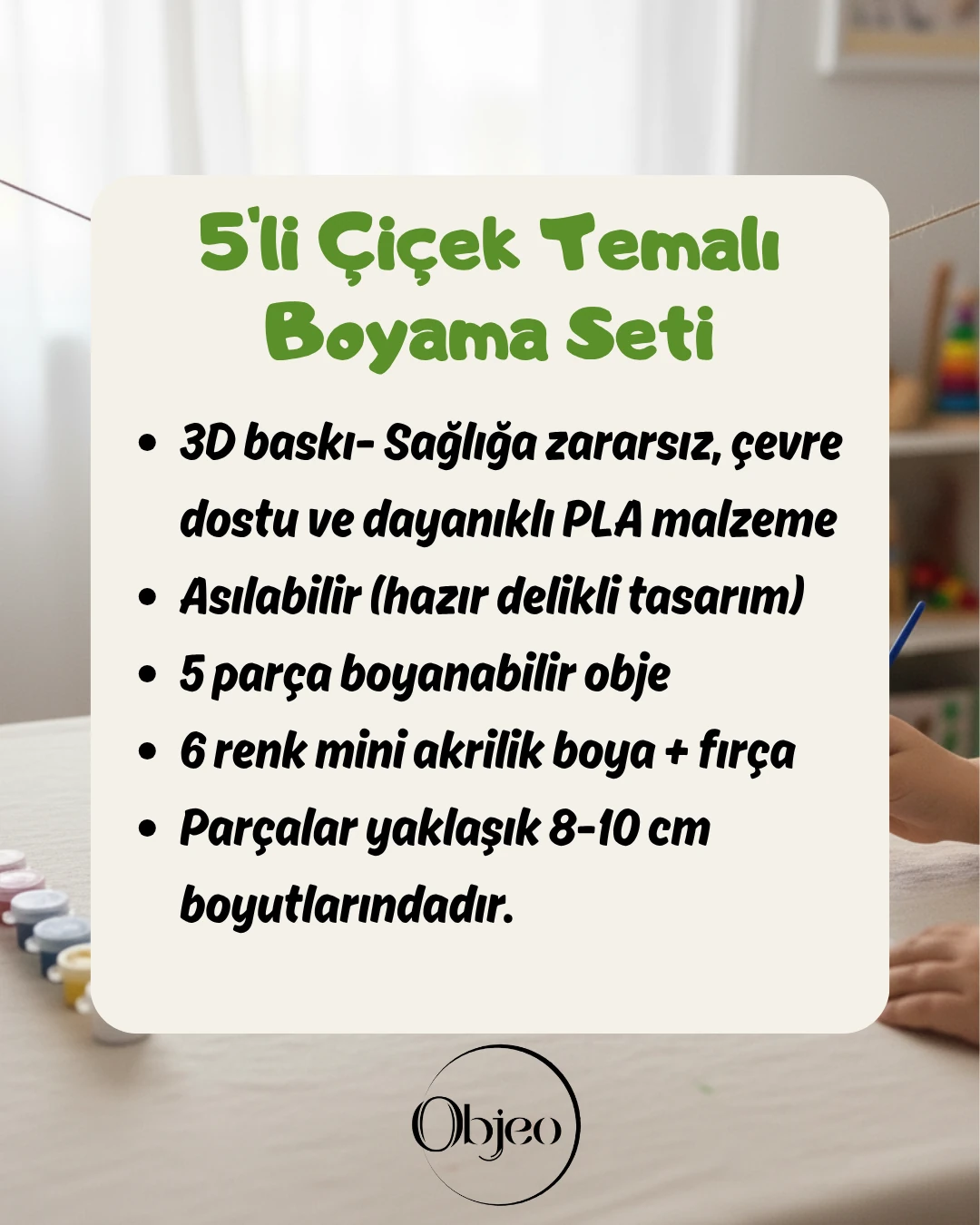Çiçek Temalı Çocuk Boyama Seti - 5 Parça + 6 Renk Boya + Fırça