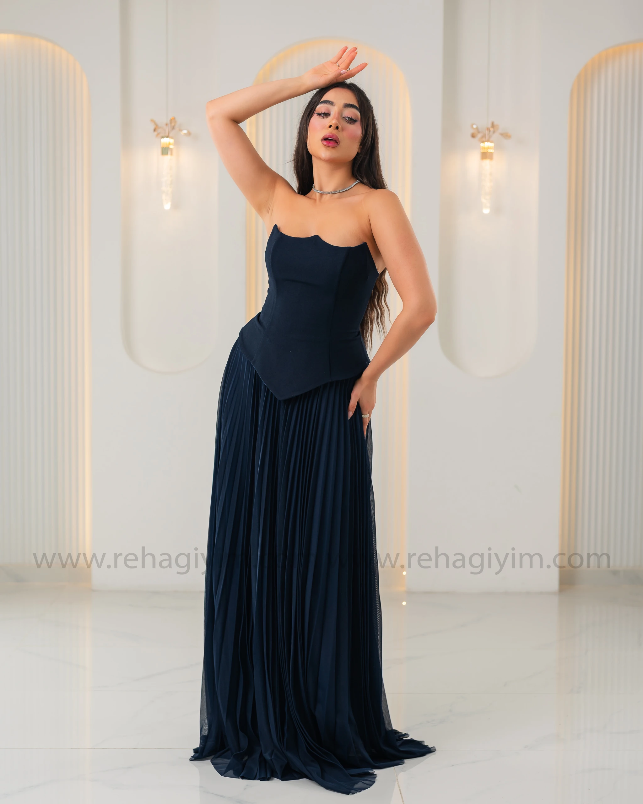 Üstü Krep Altı Şifon Tasarım Abiye Elbise - Lacivert