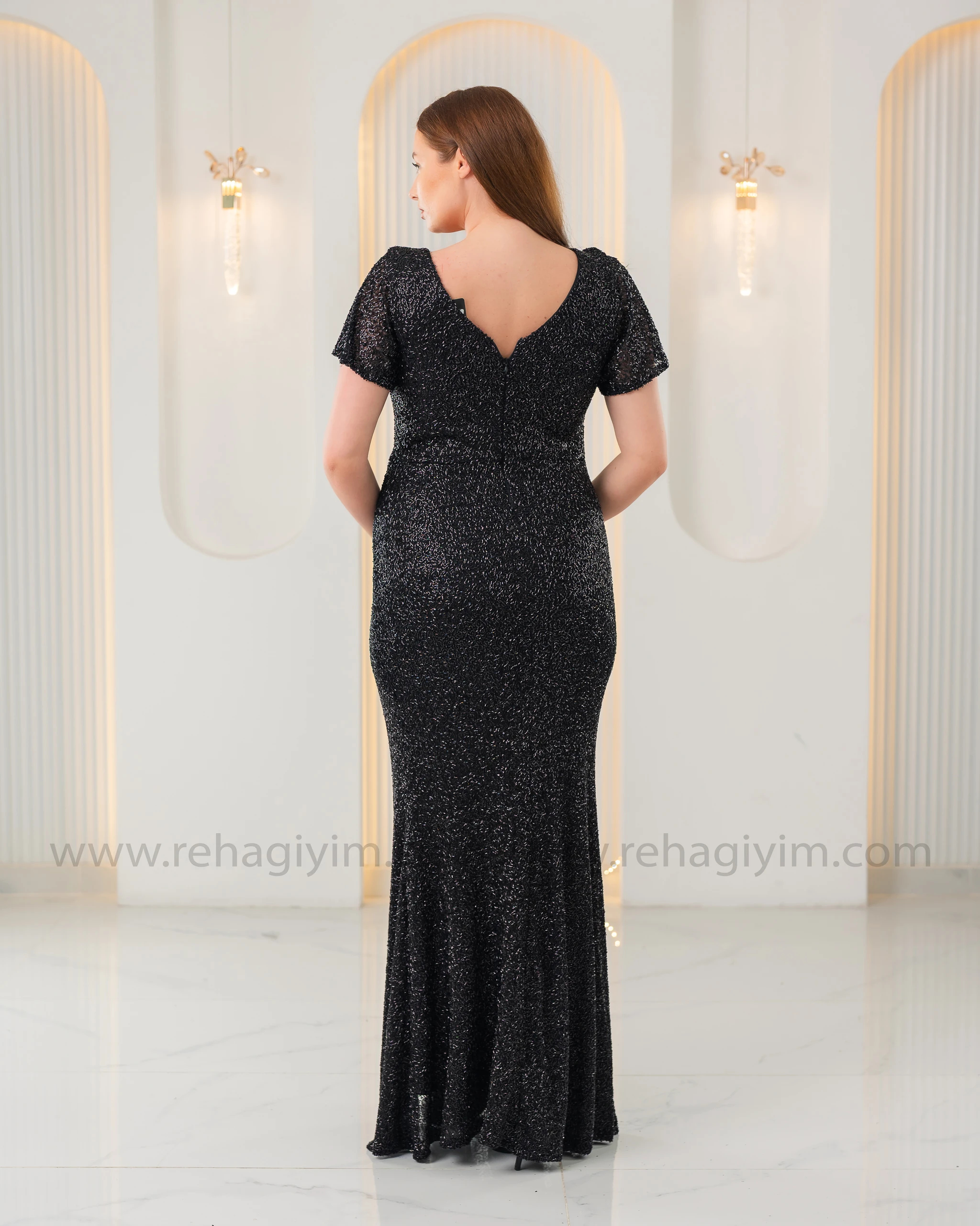 Kısa Kol Yoğun Boncuk Uzun Elbise