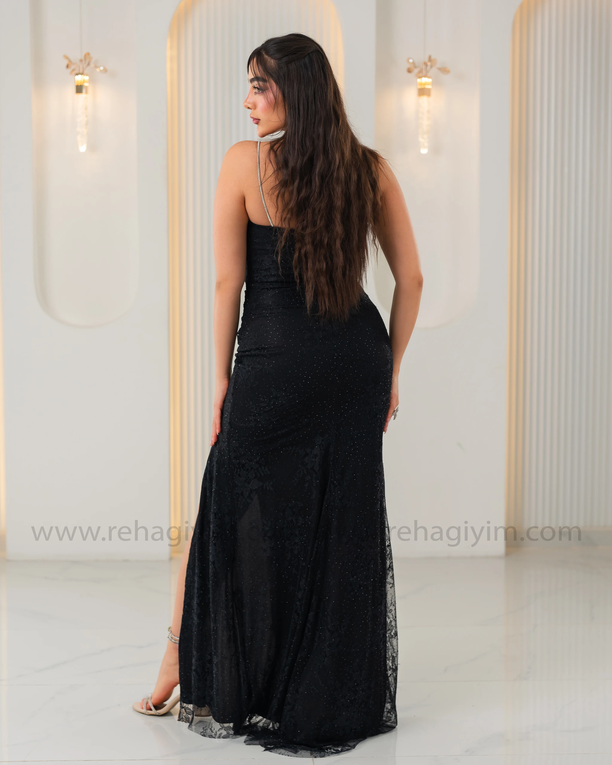 İnce Askılı Pırıltı Taşlı Dantel Abiye Elbise - Siyah