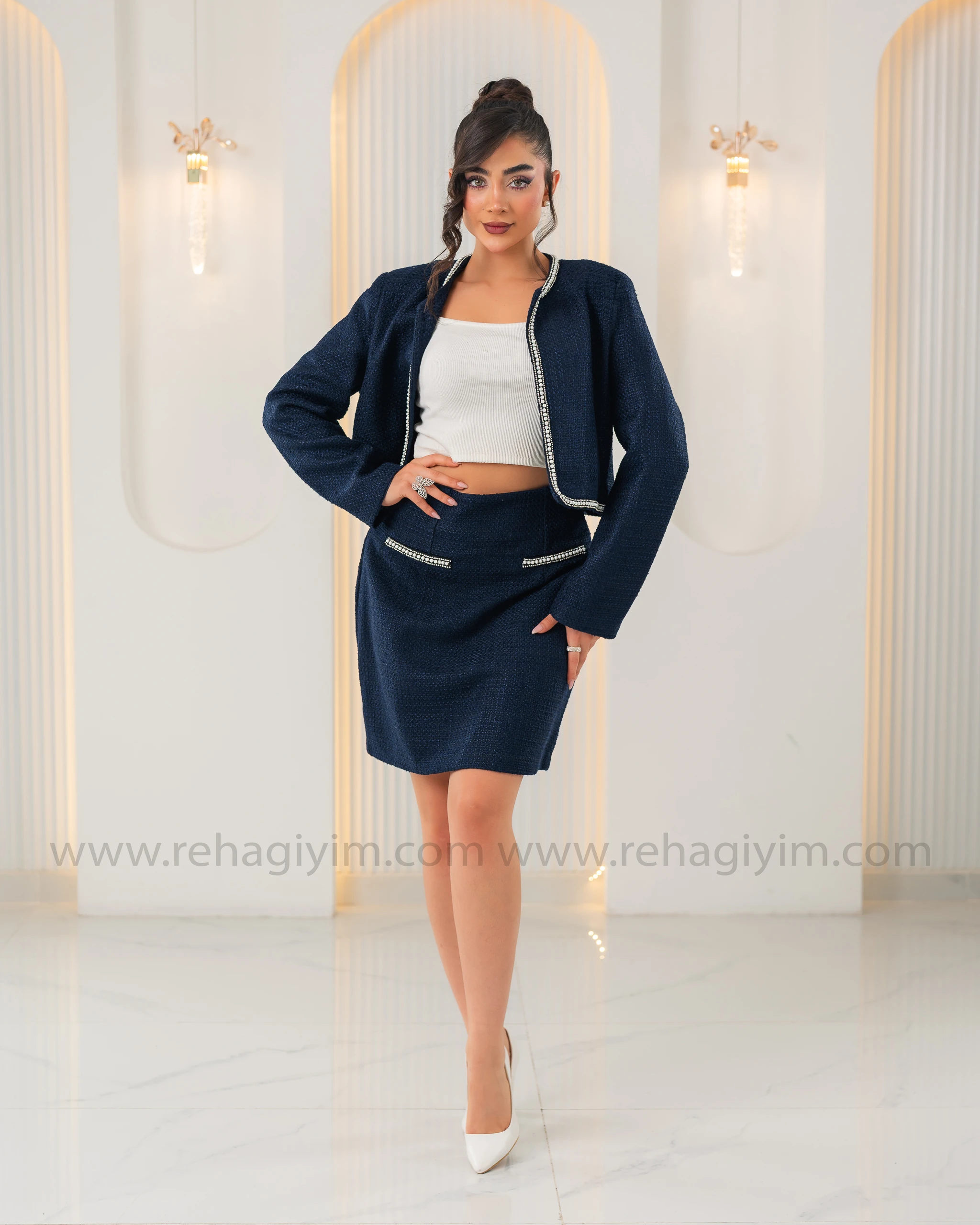 Taş Detaylı Tuvit Etek Ceket Takım - Lacivert