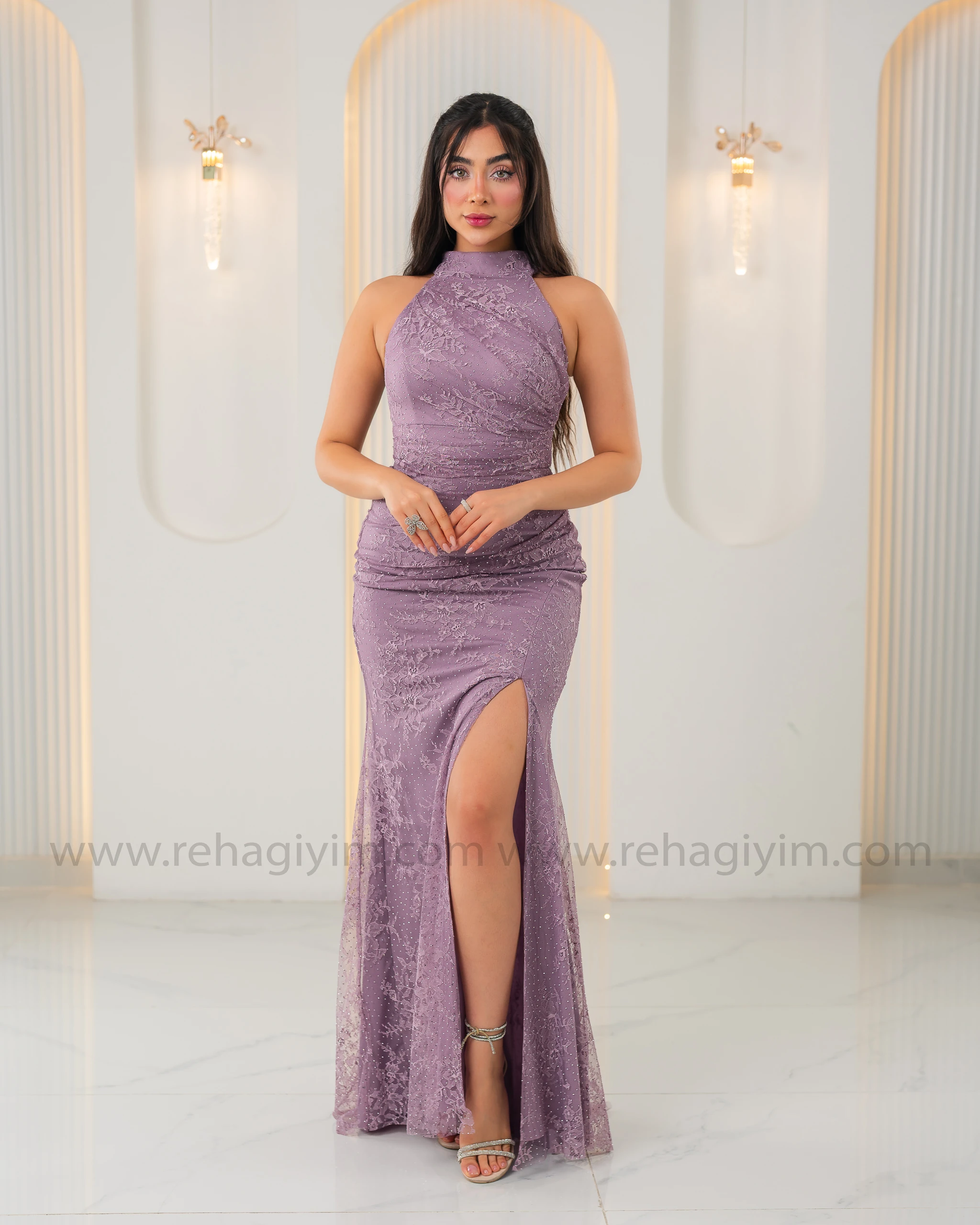 Pırıltı Taşlı Dantel Abiye Maxi - Lila