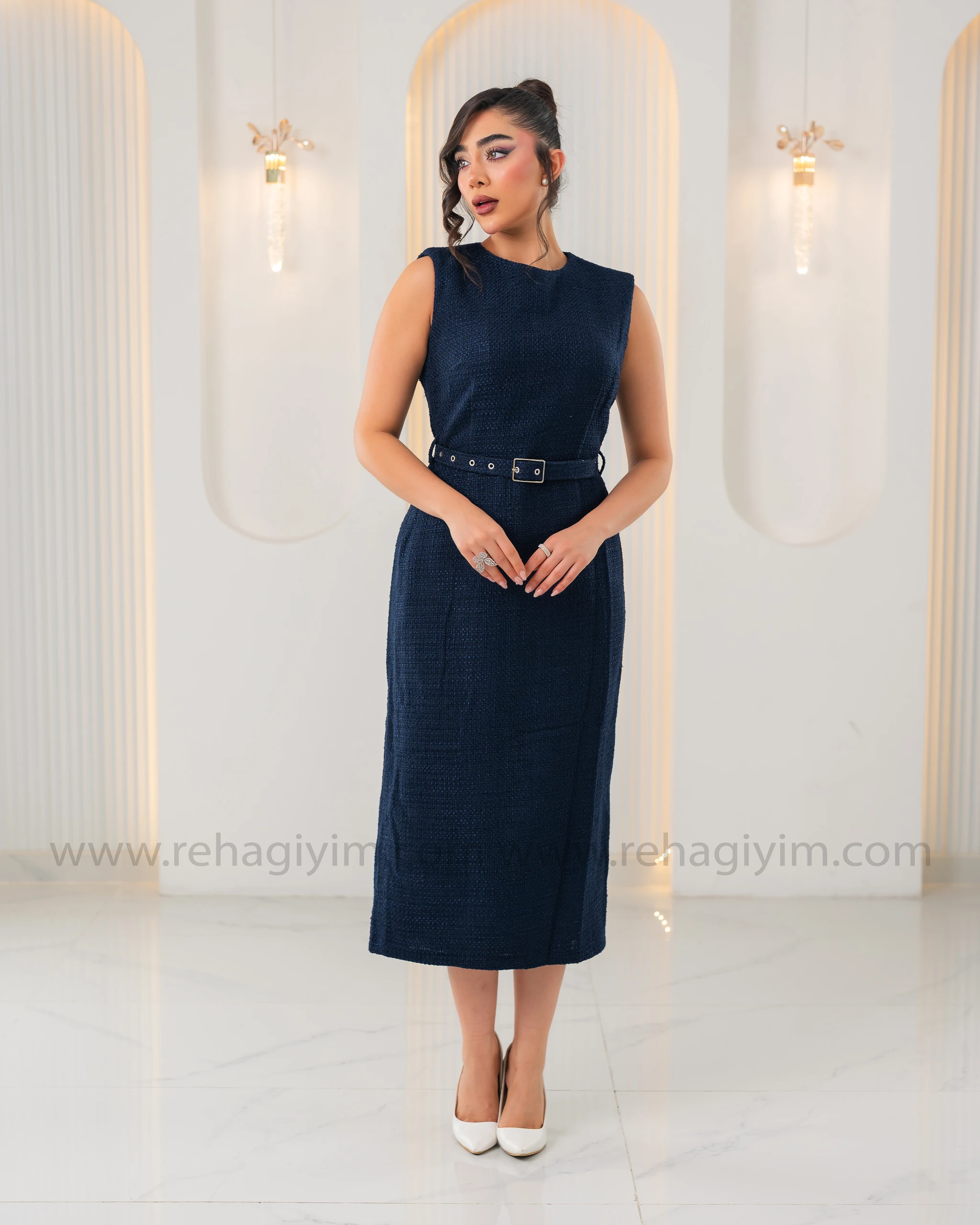 Tuvit Örme Kemerli Elbise - Lacivert