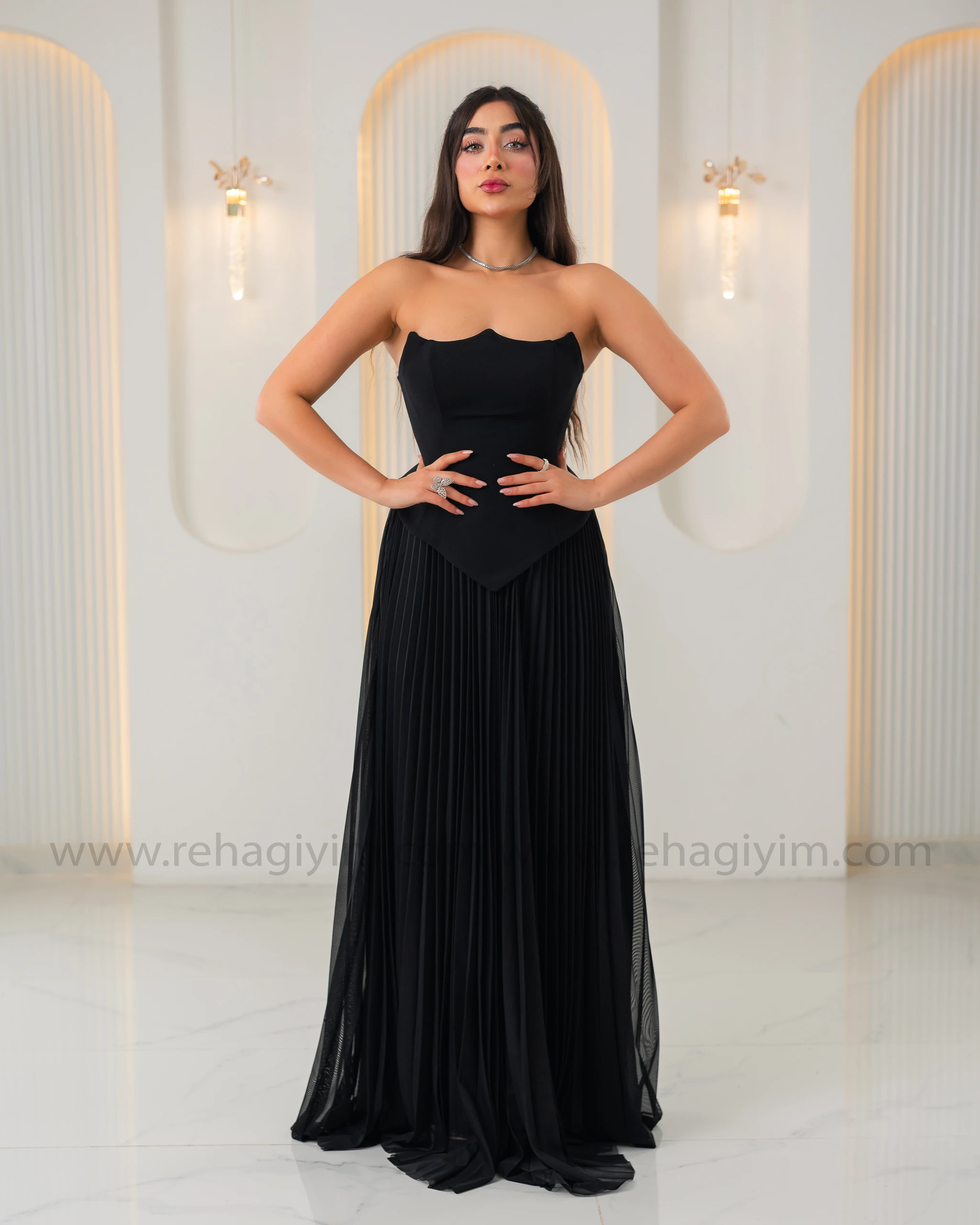 Üstü Krep Altı Şifon Tasarım Abiye Elbise - Siyah