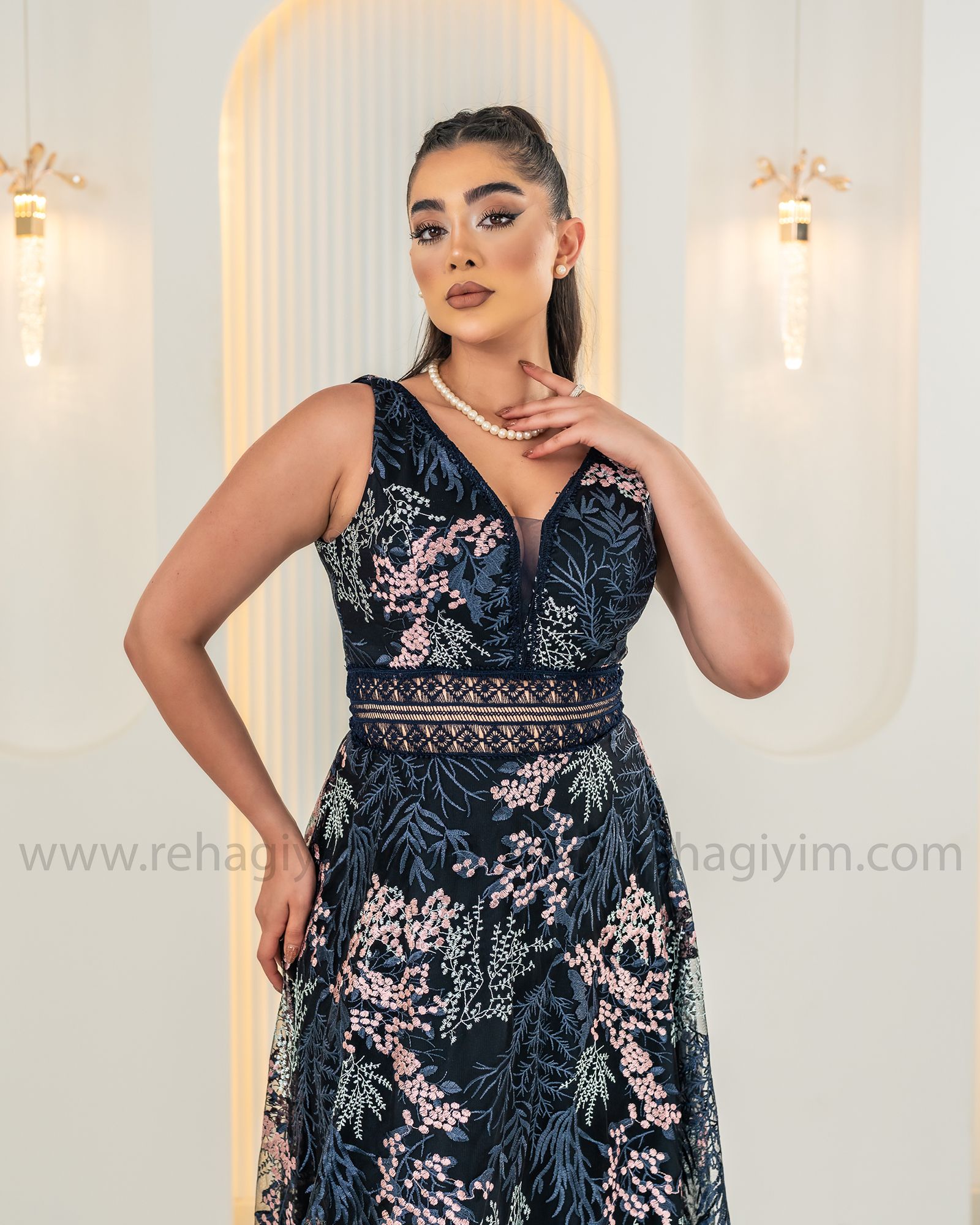 Kalın Askı Desen Retro Abiye Maxi - Lacivert