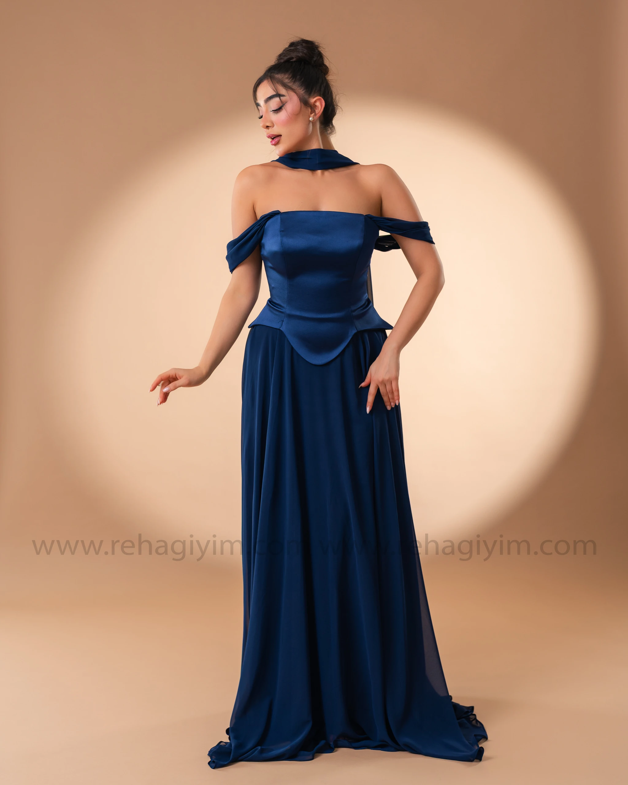 Şal Detaylı Üzeri Saten Altı Şifon Abiye  - Lacivert