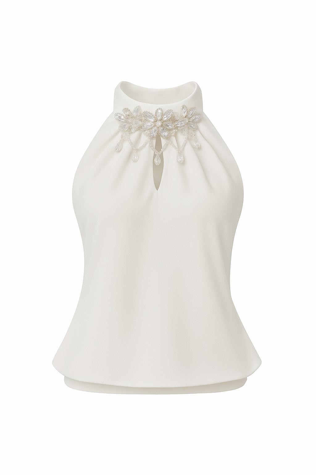 Halter Yaka Kolye Detaylı Krep Bluz - beyaz