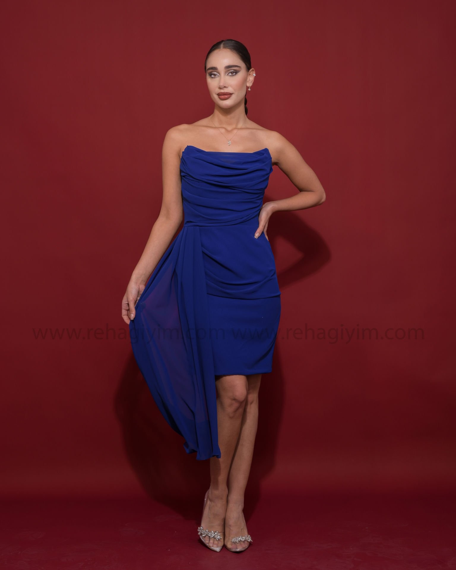 Straplez Şifon Mini Elbise | Gece Mavisi