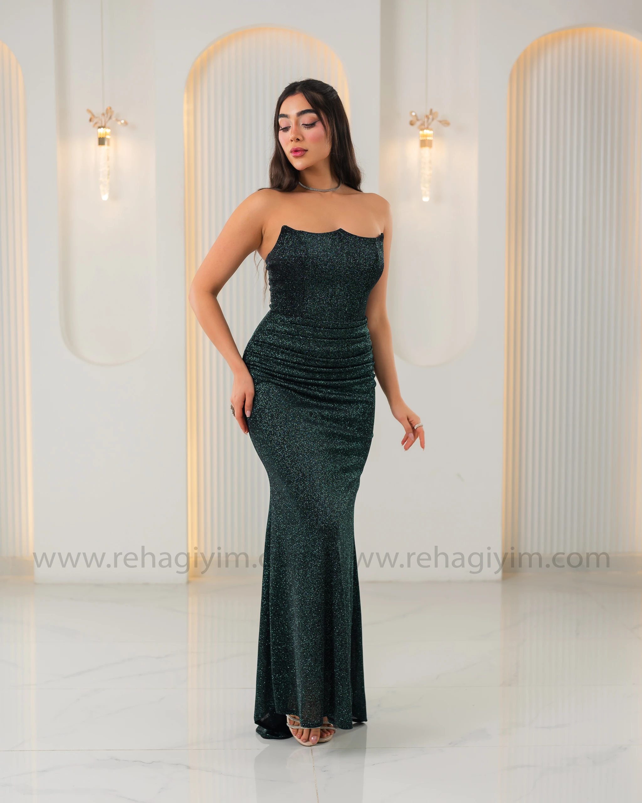 Kalp Yaka Straplez Simli Abiye Maxi - Yeşil