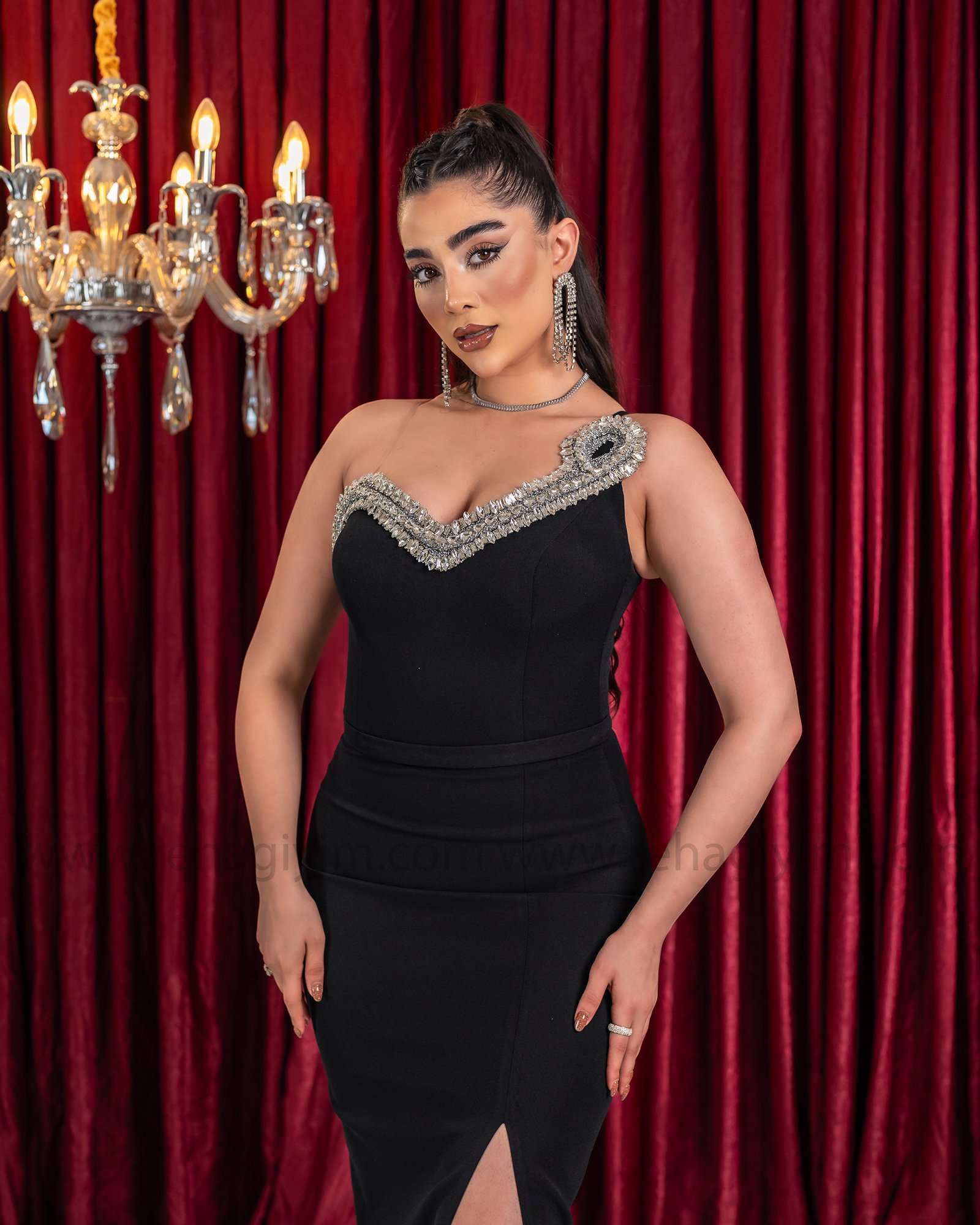 Swarovski Taşlı Midi Elbise  - siyah