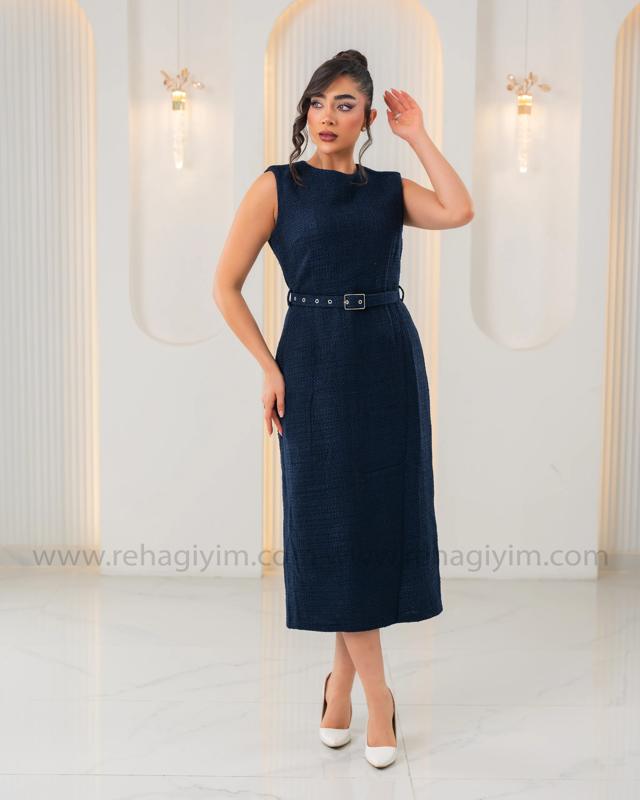 Tuvit Örme Kemerli Elbise - Lacivert