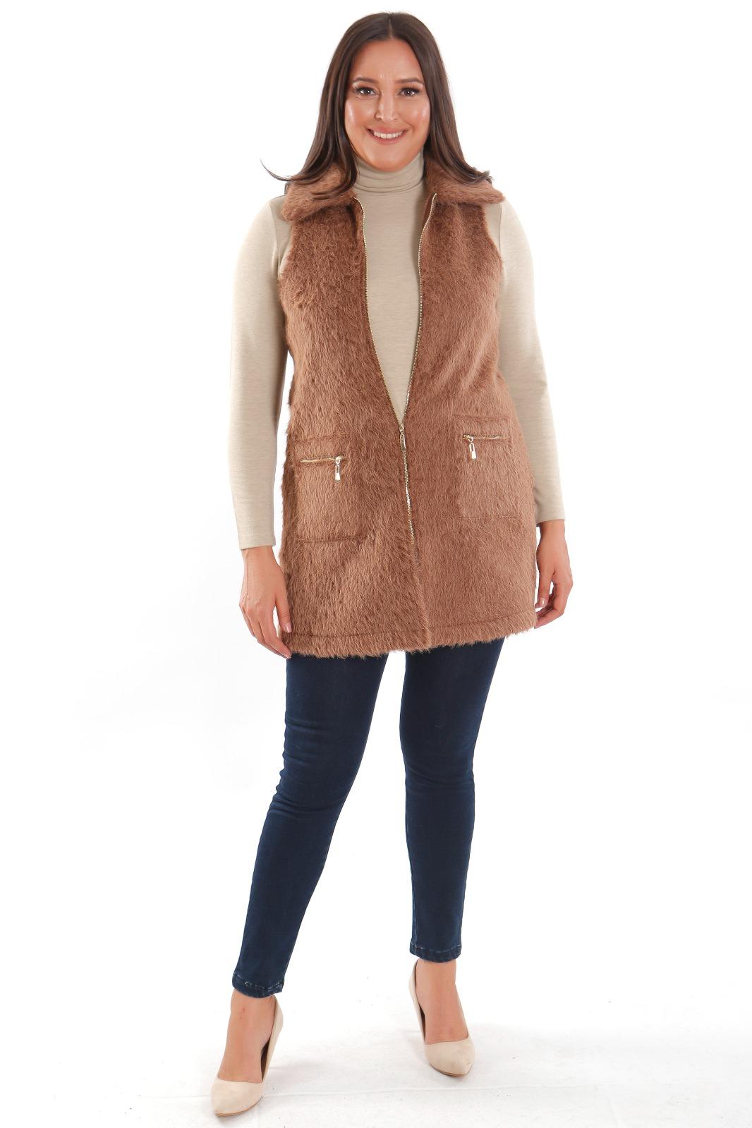 Gold Fermuarlı Kürk Yelek - Kahverengi
